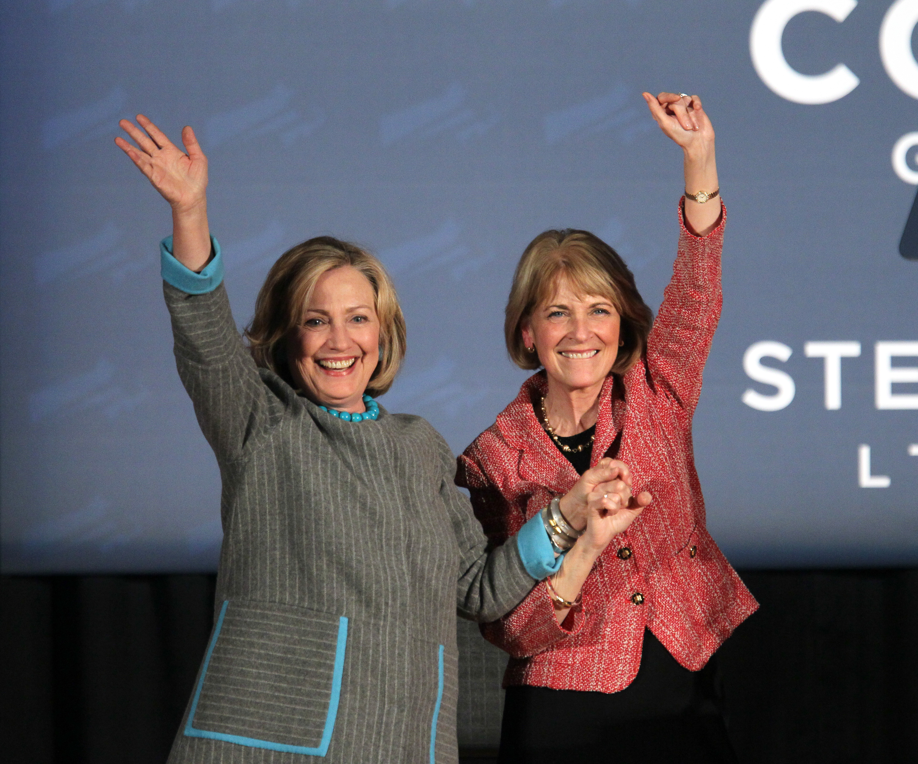 Hillary Clinton, left, joined Martha Coakley for a campaign rally at the Park Plaza Hotel.