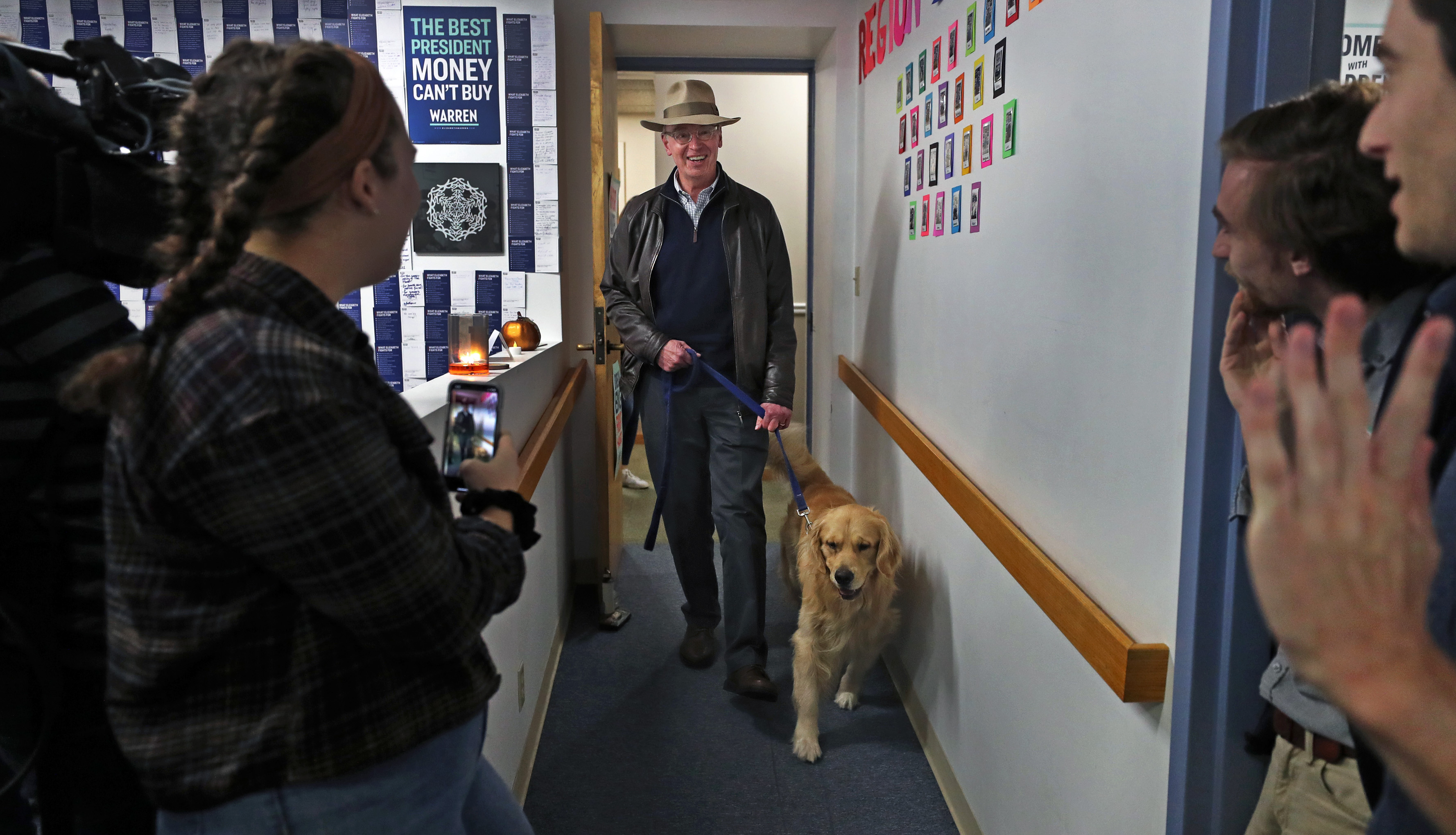 Bruce Mann arrived at a phone bank staffed by volunteers for his wife, Senator Elizabeth Warren’s, campaign.