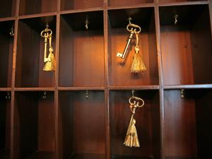 A rack in the Boxer’s lobby holds decorative room keys.