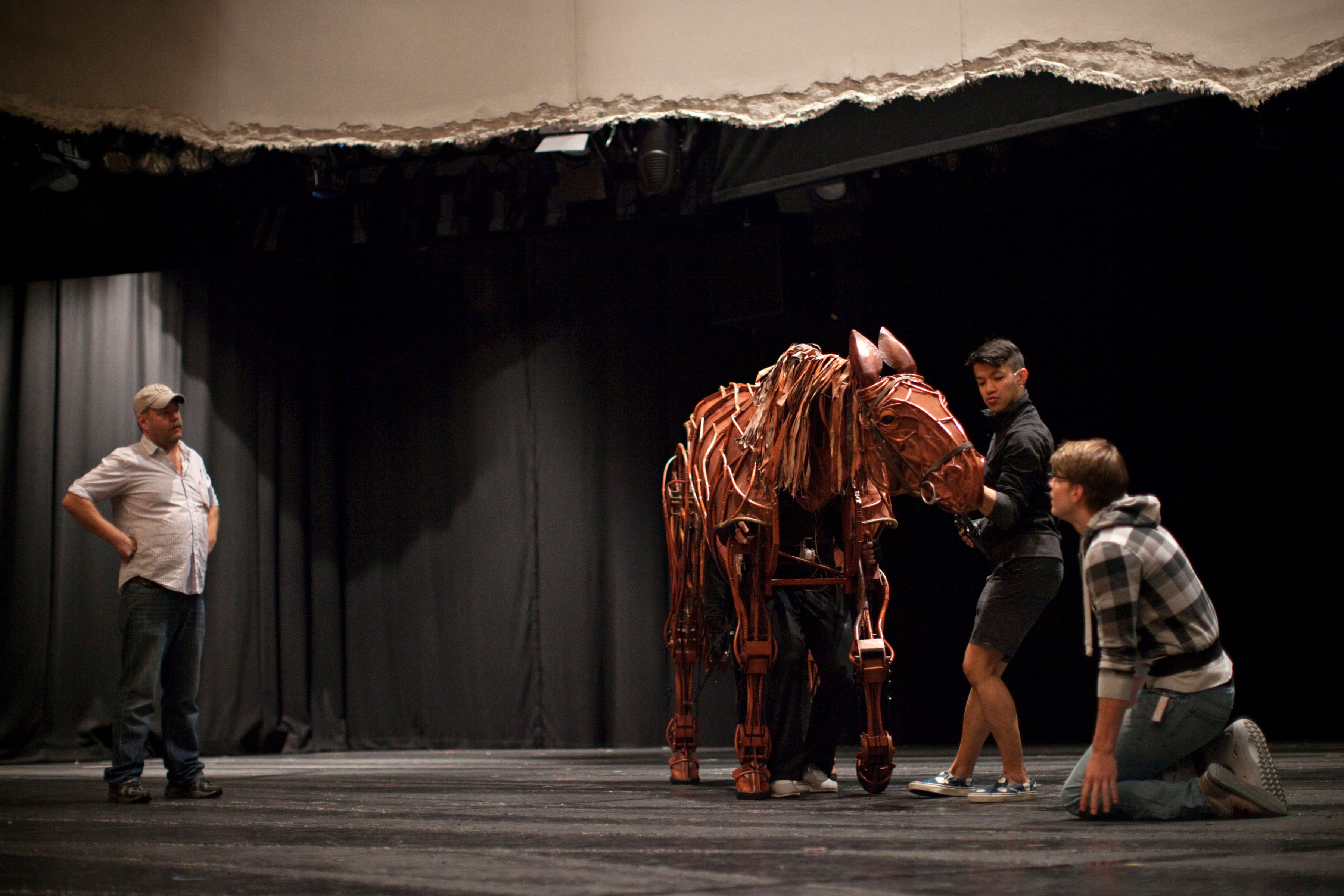 A scene from “War Horse” in rehearsal at the Ahmanson Theatre in Los Angeles, prior to the start of the national tour.