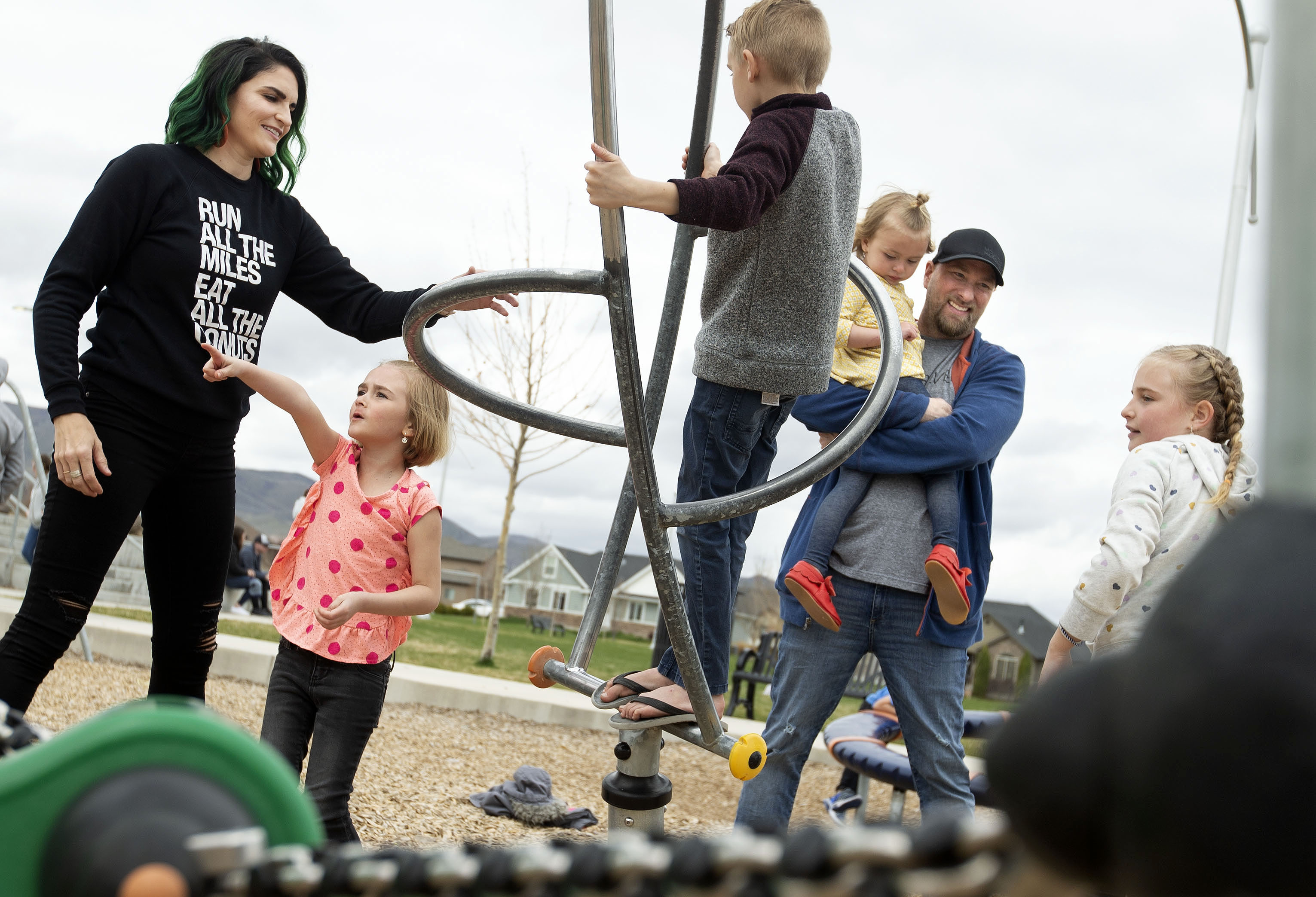 Laura Hall and her husband, John, played with their children, Max, 7, Olive, 9, Jayne, 5, and Violet, 3, in Saratoga Springs, Utah.