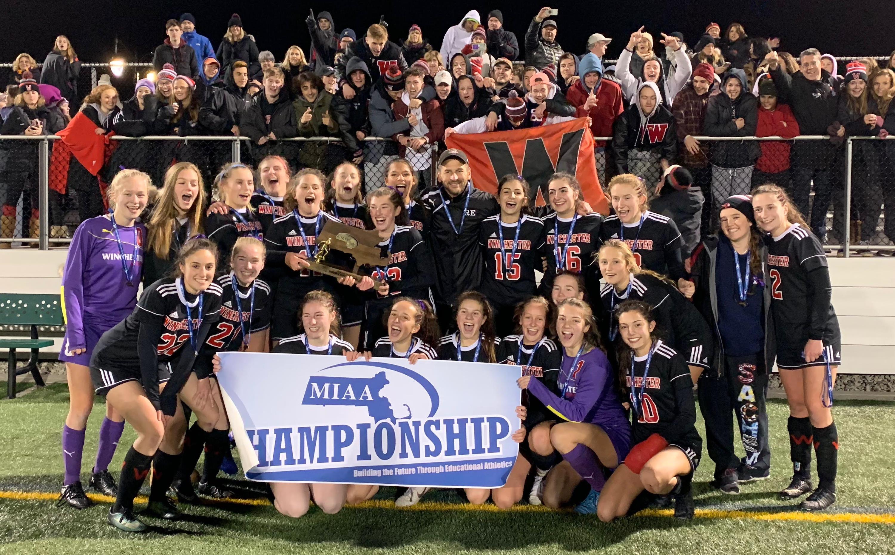 The Winchester girls’ soccer team celebrated their Division 2 state championship in Marshfield Sunday night.