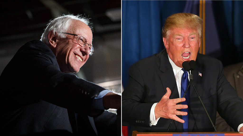 Bernie Sanders (left) and Donald Trump spoke at victory parties Tuesday.