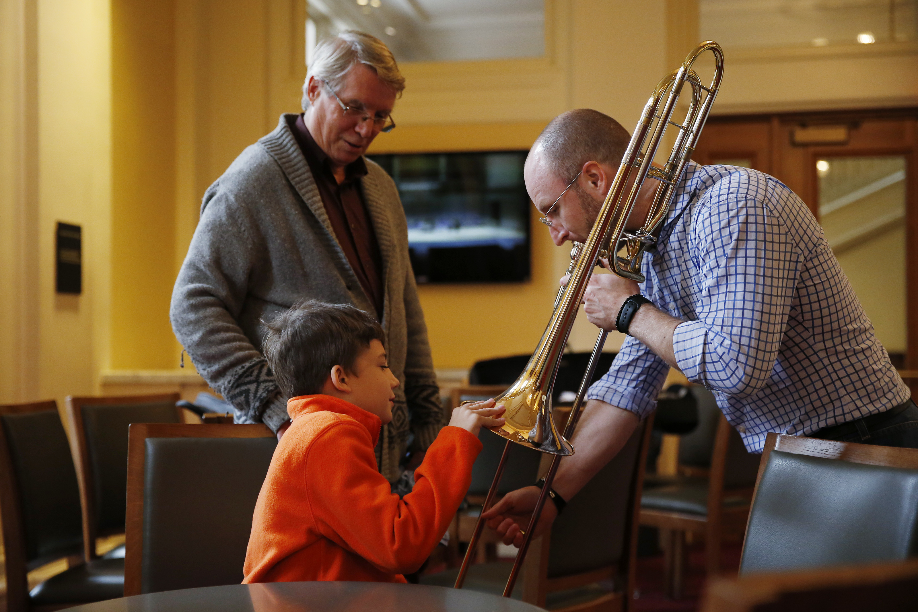 Ronan got a hands-on demonstration of the trombone from Toby Oft of the Boston Symphony Orchestra.