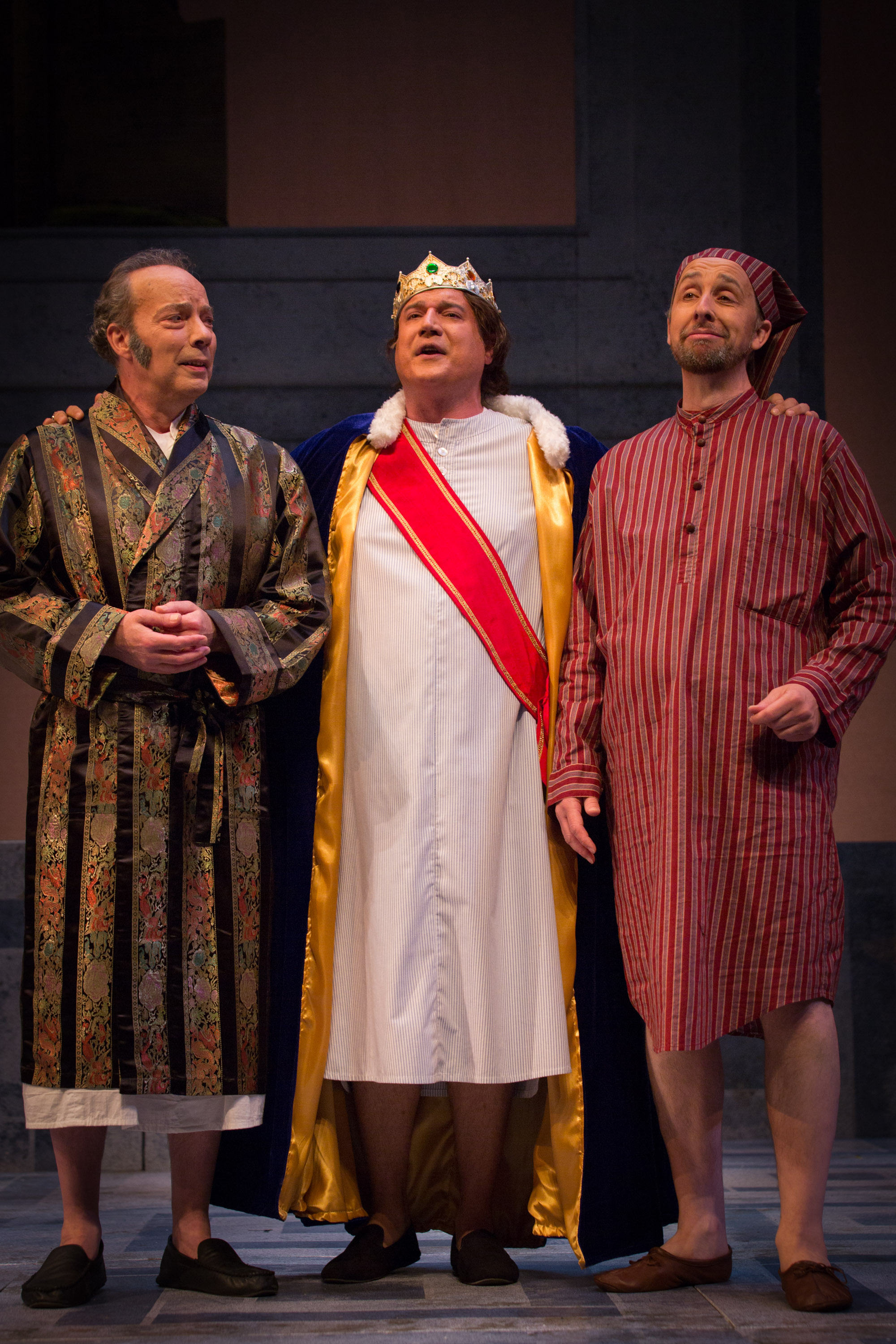 From left: James Maddalena, Michael Chioldi, and David Kravitz in Odyssey Opera’s production of “Un giorno di regno” by Giuseppe Verdi.