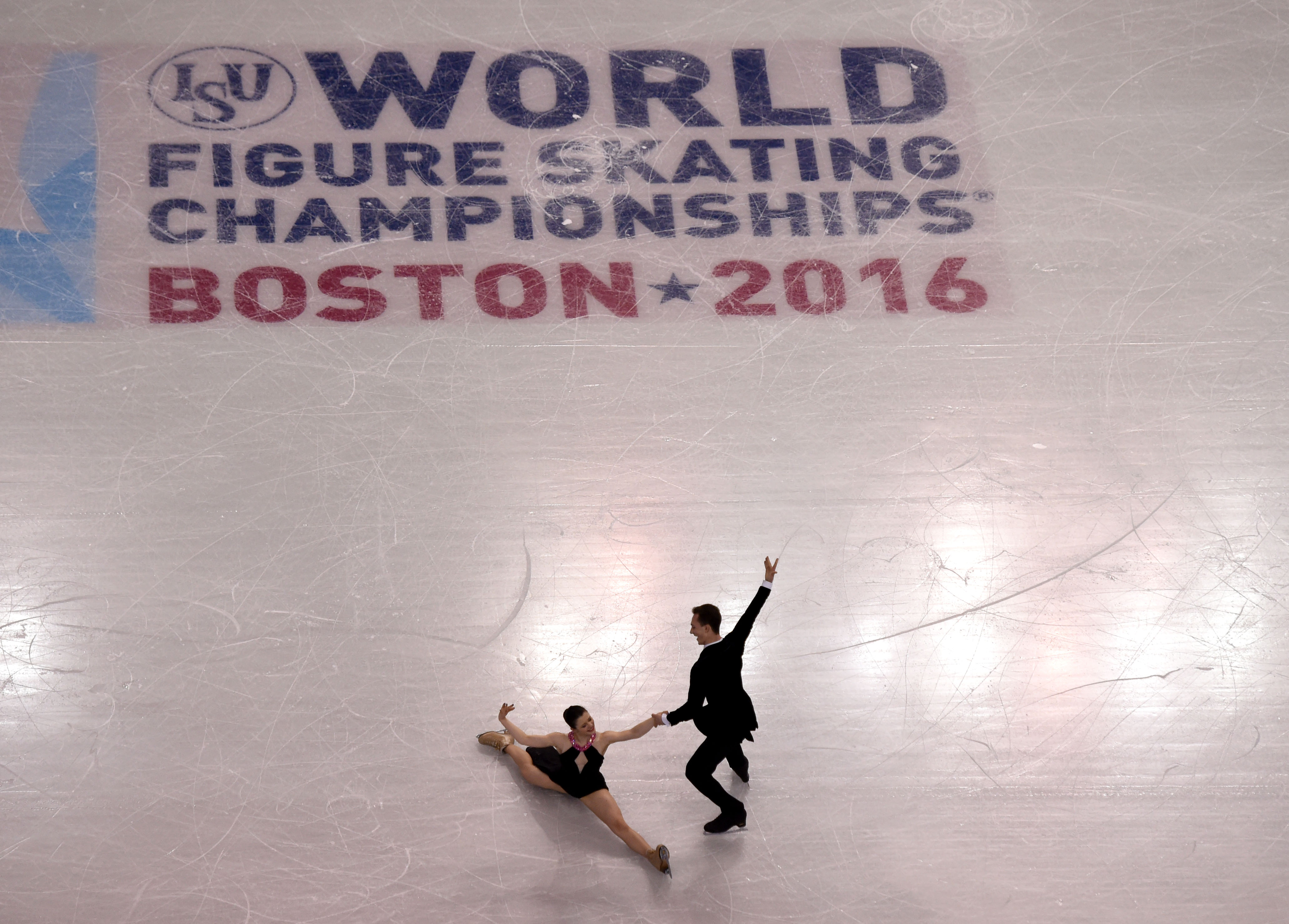 Natalia Kaliszek and Maksim Spodirev from Poland practiced at TD Garden Monday.