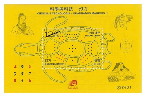 From an ancient Chinese myth, the dots on the back of the turtle sum to 15 in each row, column, and along the diagonals.