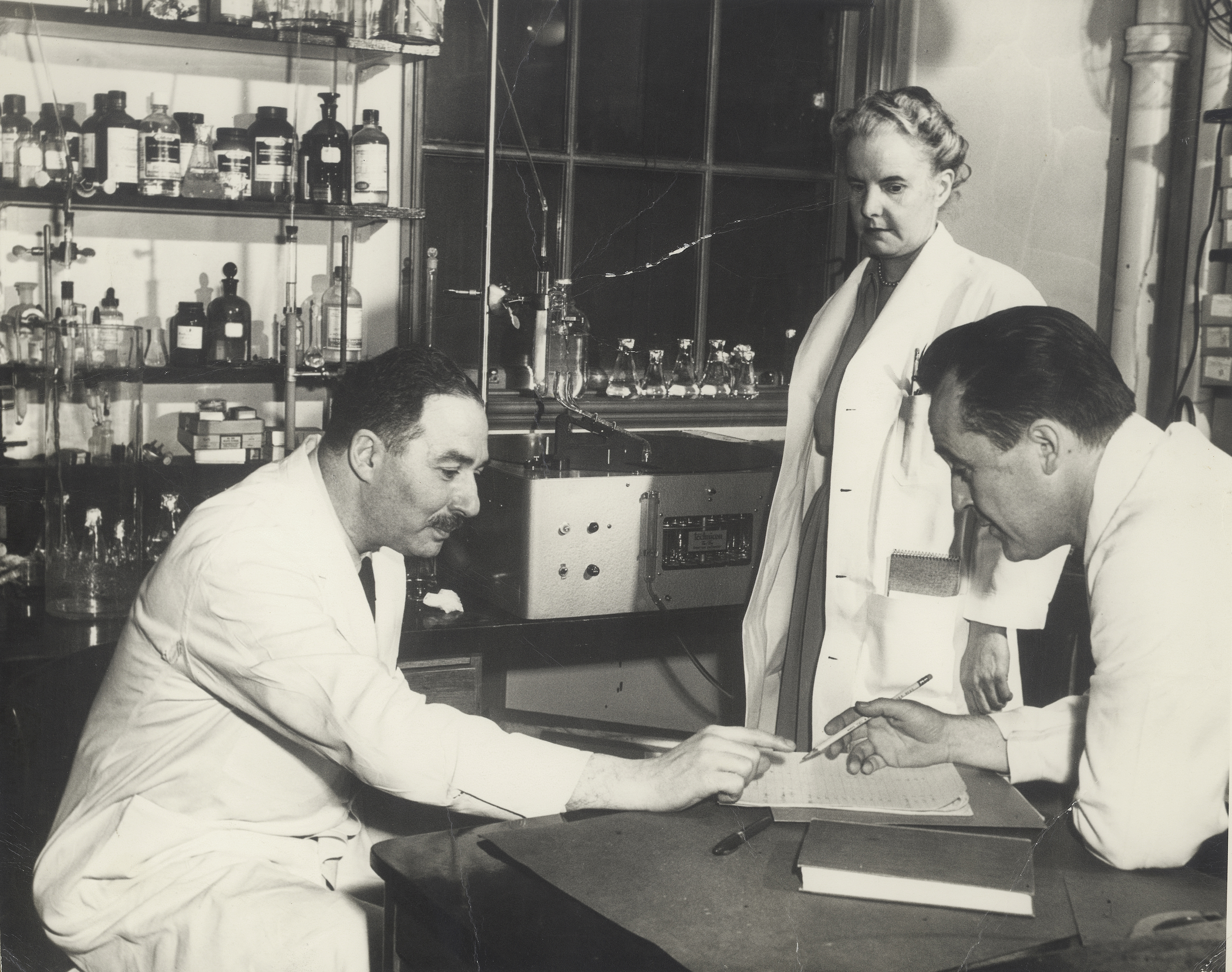 Dr. Sidney Farber, considered the father of modern chemotherapy, pictured at left with colleagues, circa 1950.