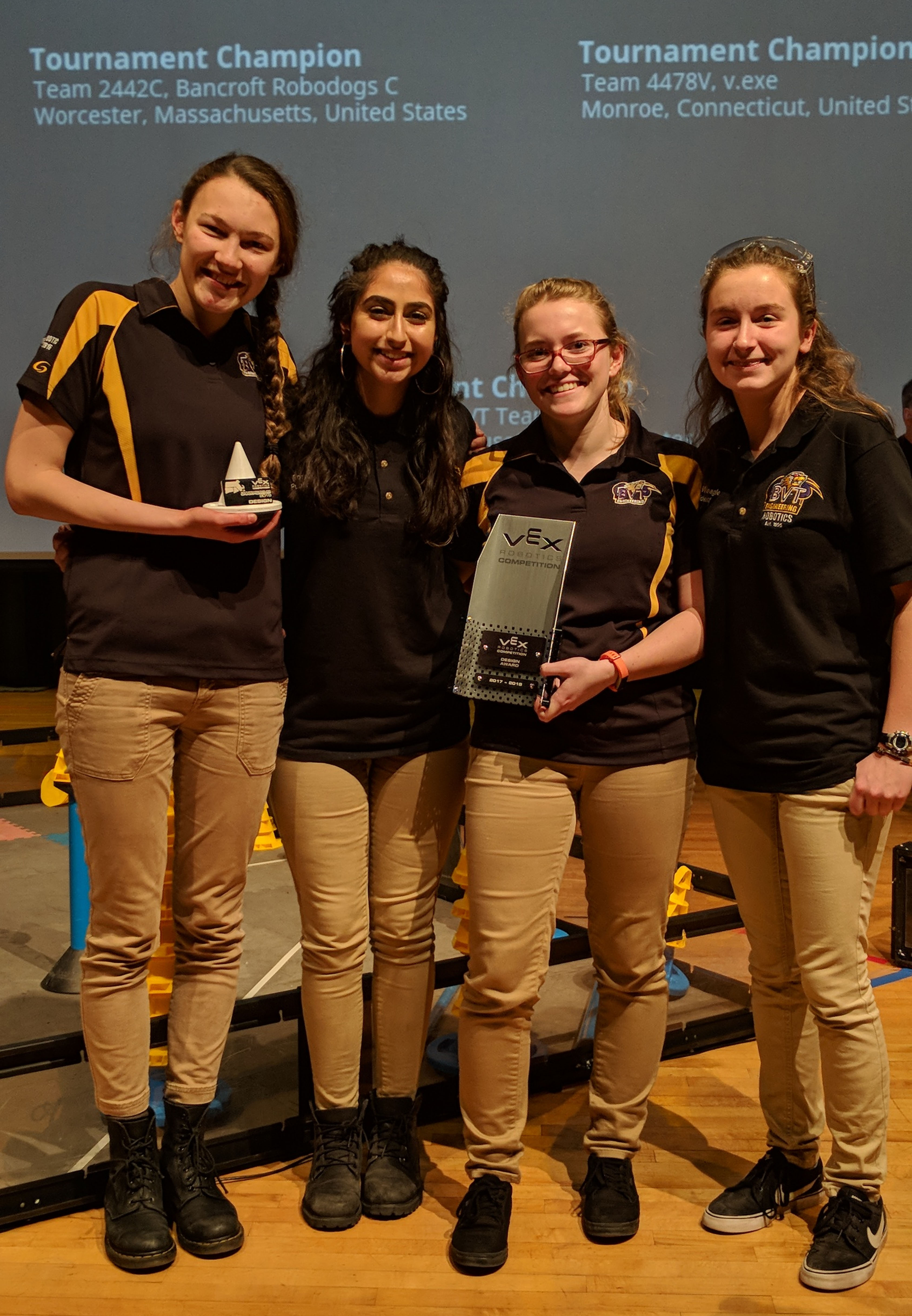 Alexandra (left) with her robotics teammates, who called themselves the Powerpuff Girls.