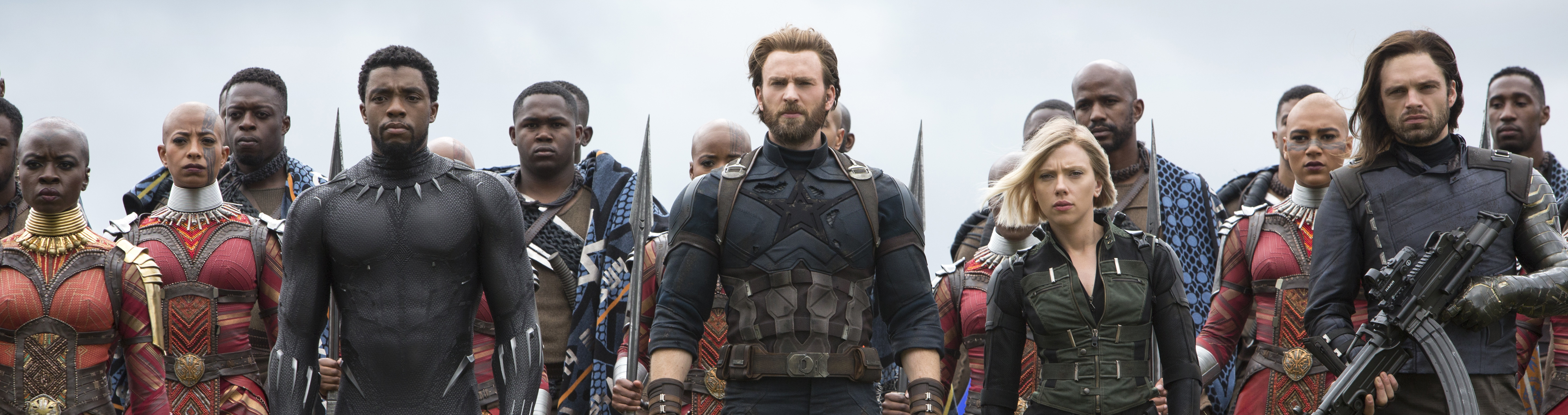 L to R: Okoye (Danai Gurira), Black Panther/T'Challa (Chadwick Boseman), Captain America/Steve Rogers (Chris Evans), Black Widow/Natasha Romanoff (Scarlet Johansson) and Winter Soldier/Bucky Barnes (Sebastian Stan)..Photo: Chuck Zlotnick.