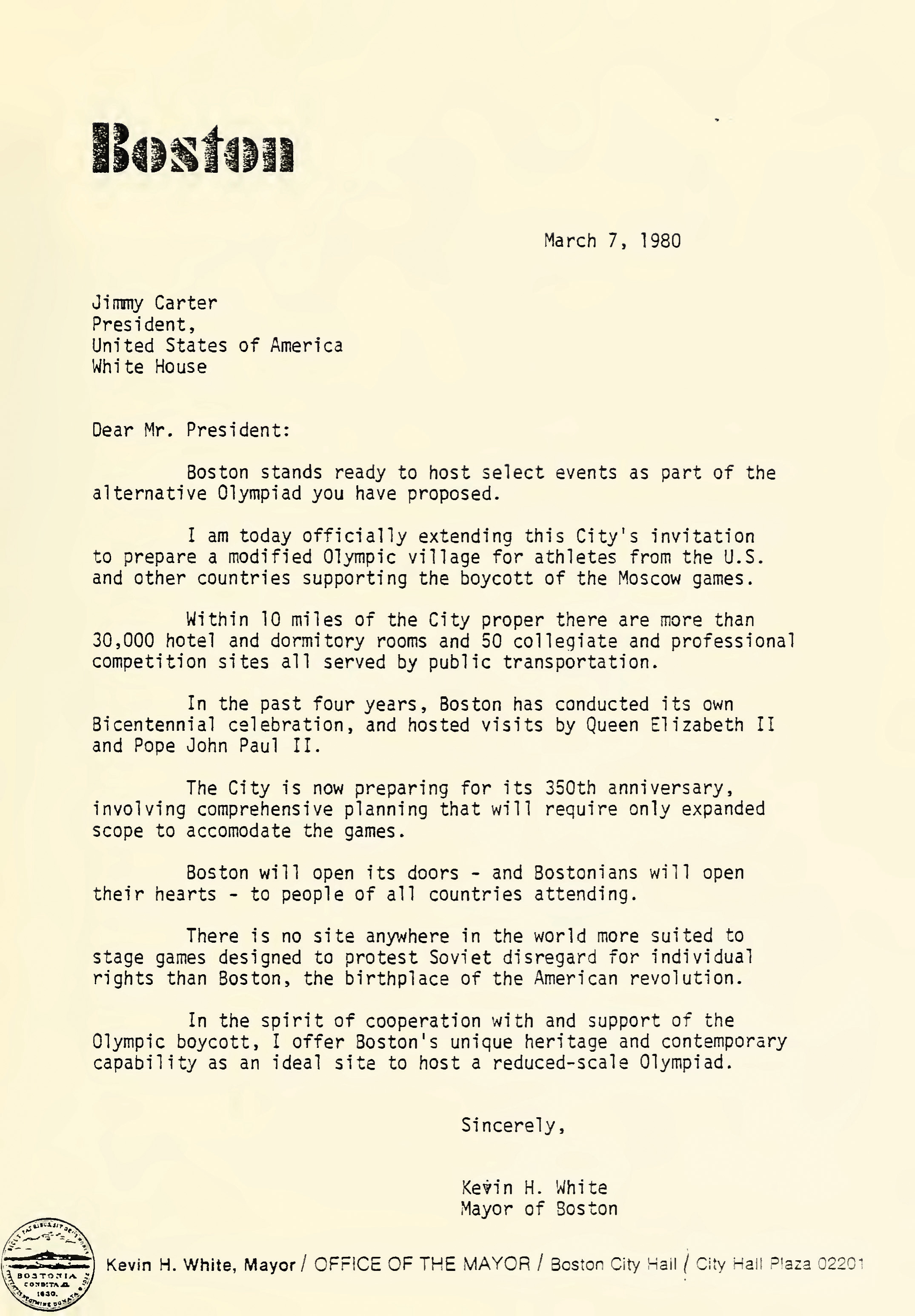 Mayor White’s proposal to Jimmy Carter for the 1980 Freedom Games.