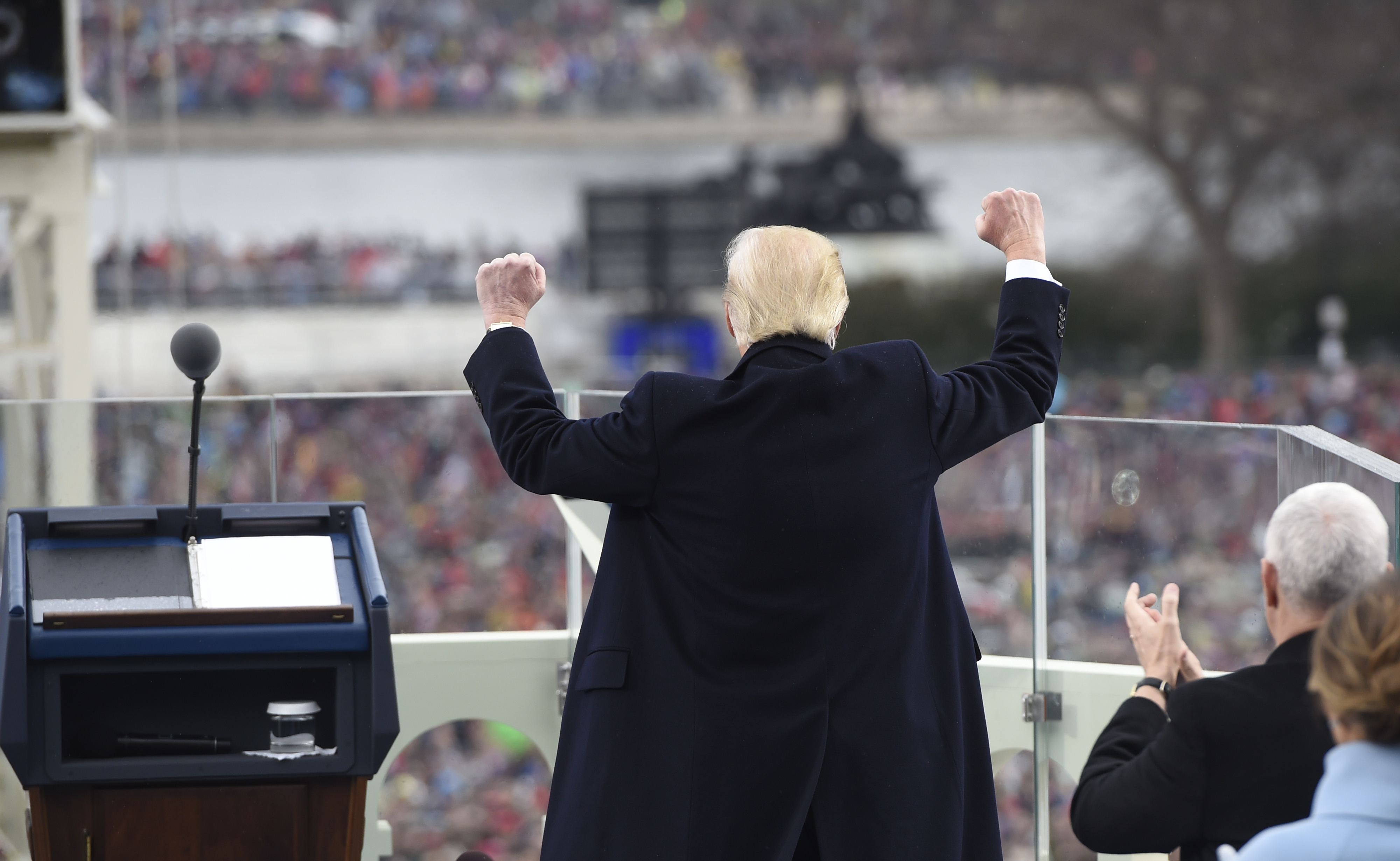 President Trump celebrated after his inaugural speech on Friday.