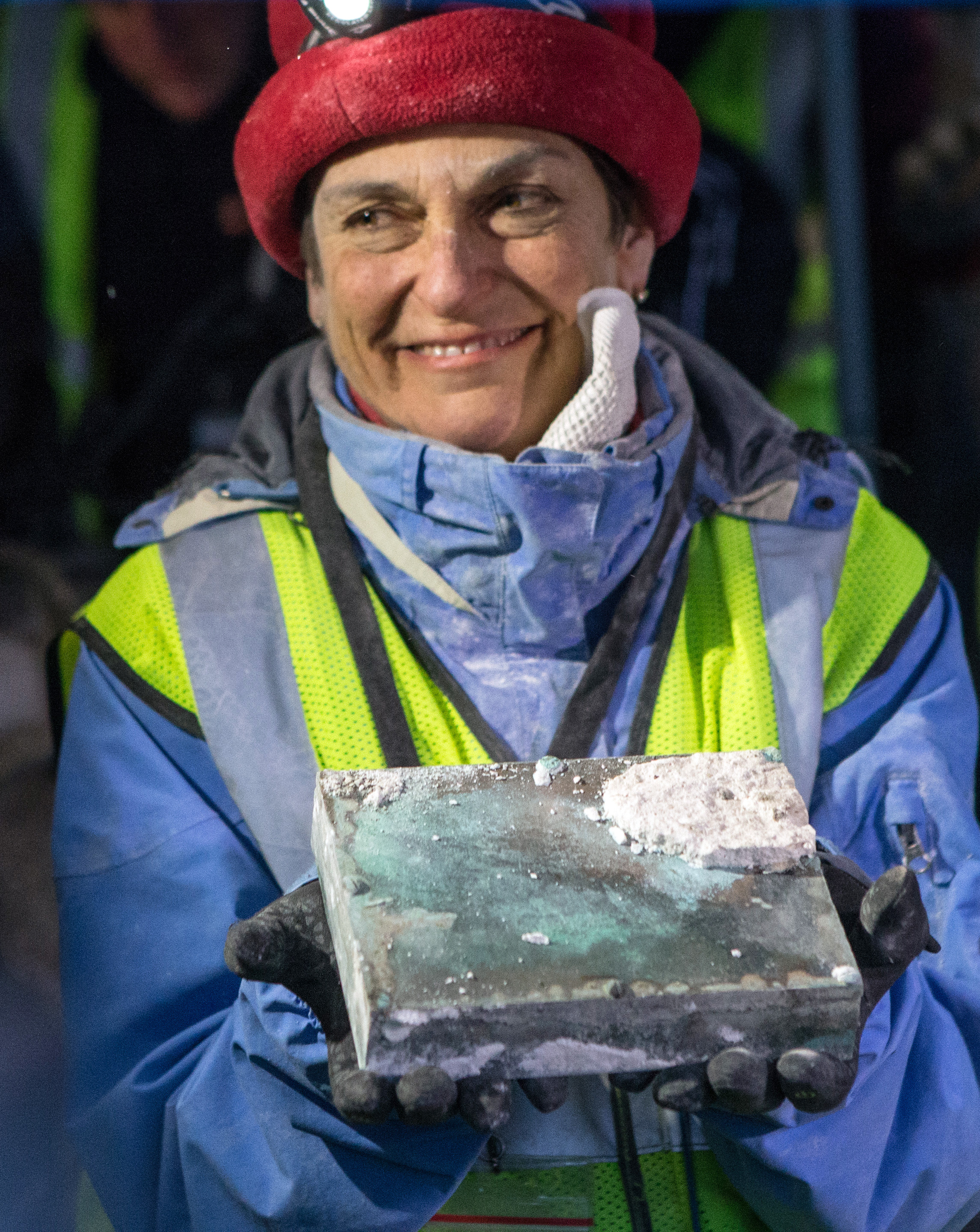 After hours of work, Pam Hatchfield, a conservator at the Museum of Fine Arts, dislodged a time capsule from the cornerstone of the State House.