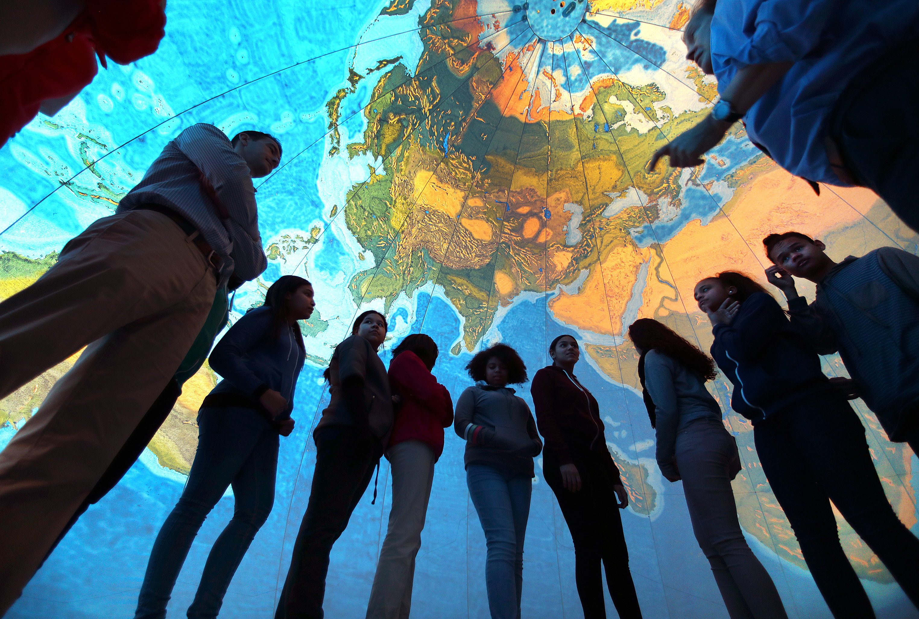 A 20-foot inflatable globe was on display at Boston Public School headquarters in Dudley Square on Thursday, part of an effort to show students what the world really looks like.