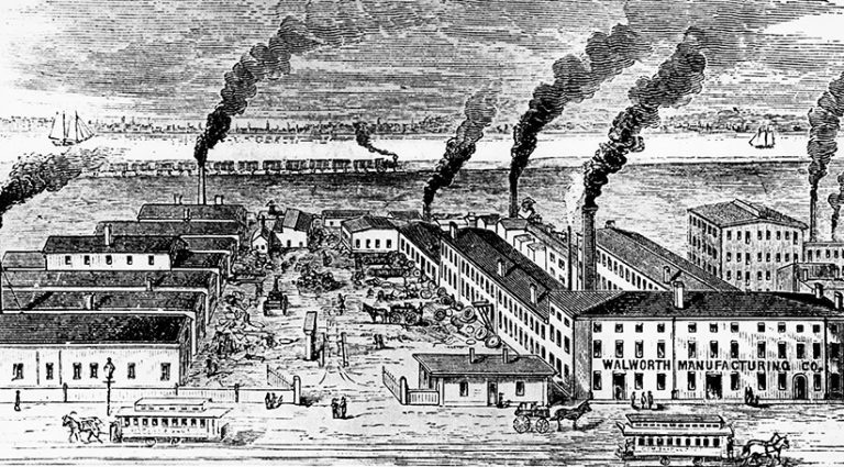 Walworth’s factory at 706 Main Street near the Charles River in Cambridge circa 1876.