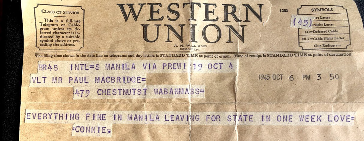 A telegram announcing Constance MacBride’s scheduled return to the United States.