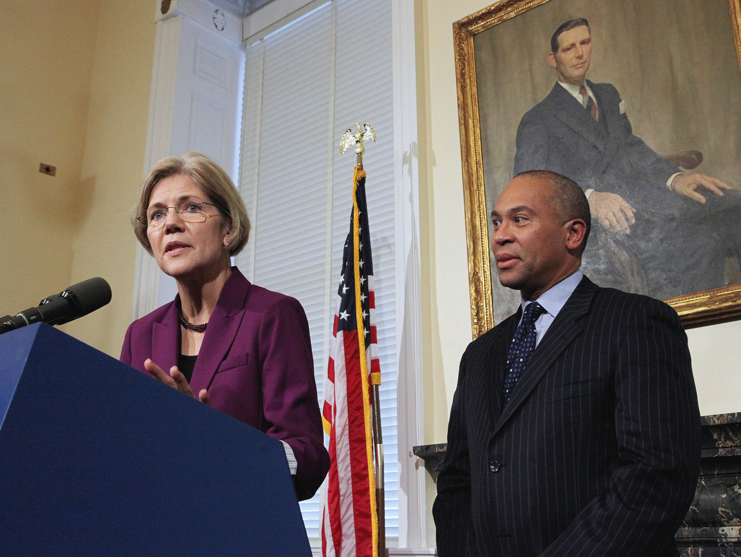 Then senator-elect Elizabeth Warren and then-governor Deval Patrick held a press conference at the State House in November 2012.