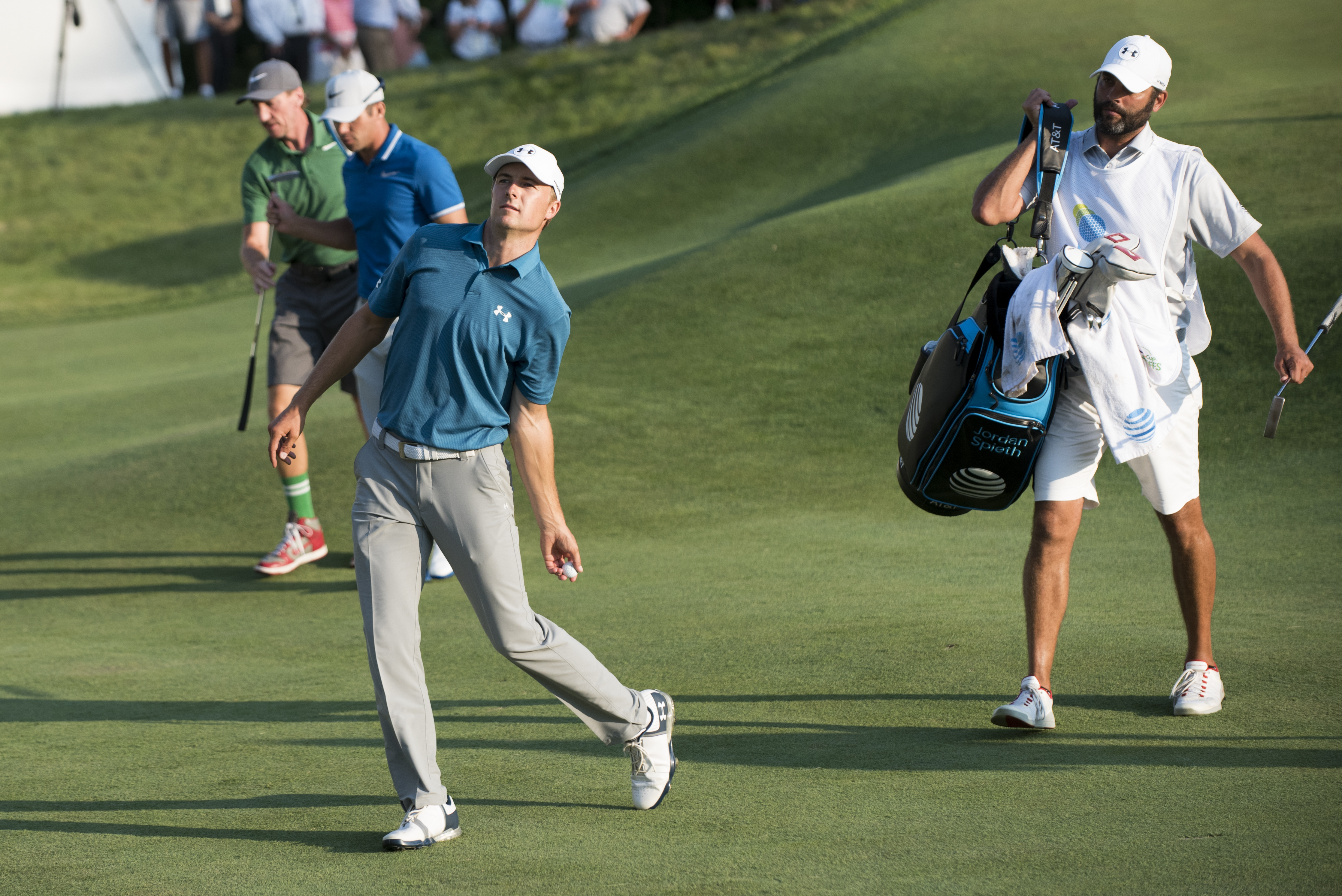 Jordan Spieth tossed a souvenir into the crowd after he finished up on No. 18.