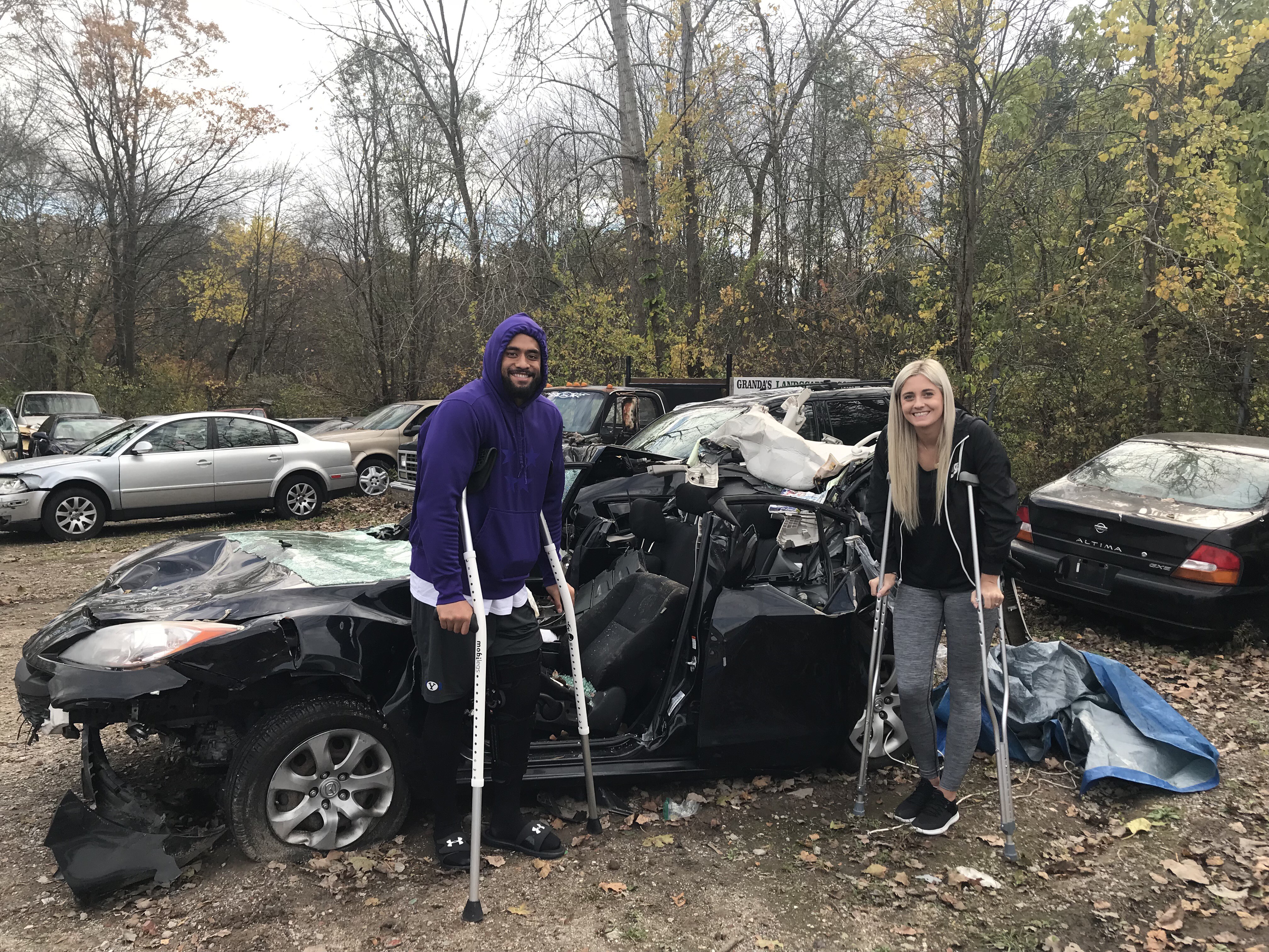 Harvey, Cassidy, and what was left of their car.