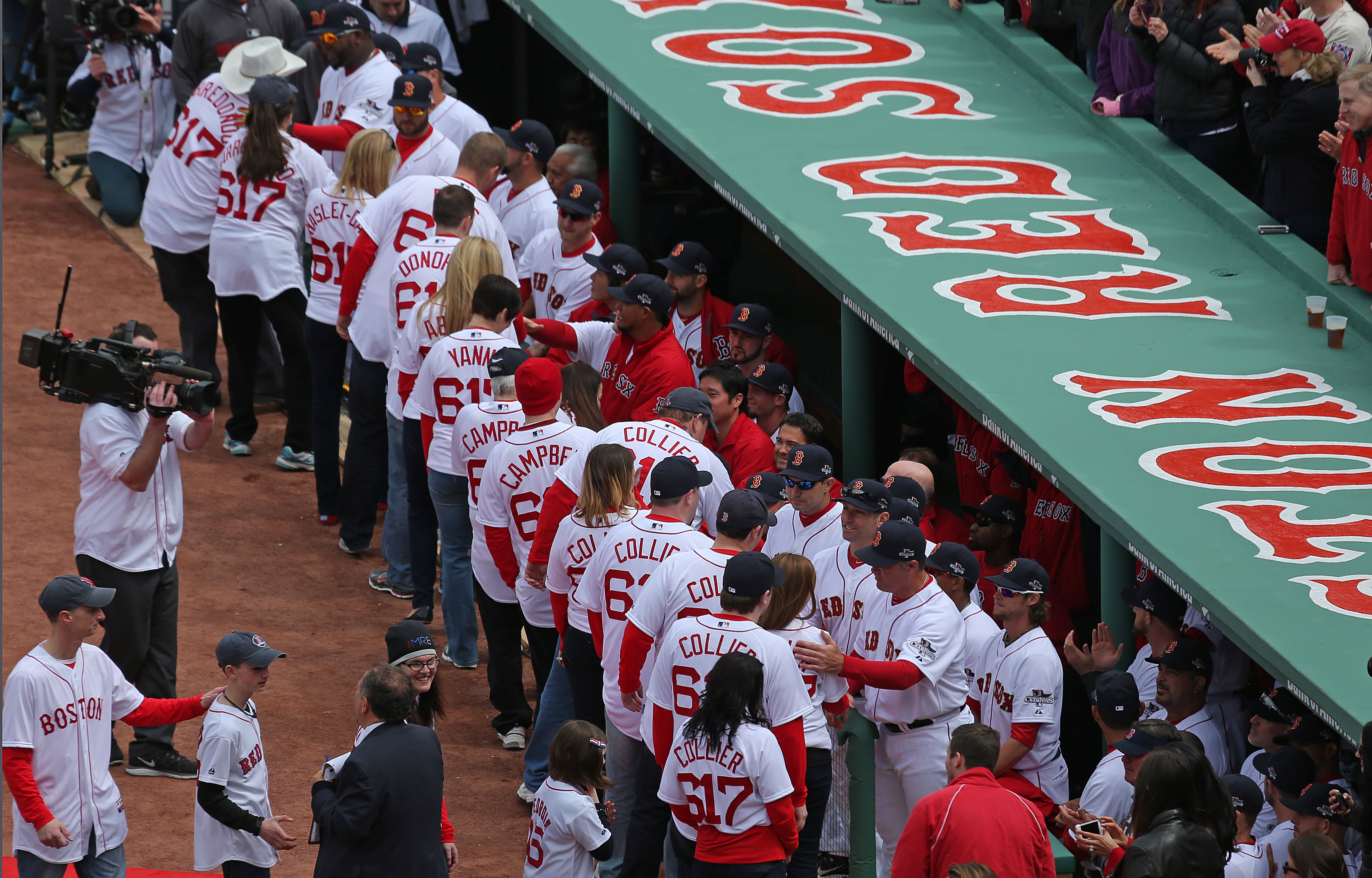 Survivors of the Boston Marathon bombings, and others affected by the tragedy, got to share a few moments with the Red Sox during ceremonies before the home opener.