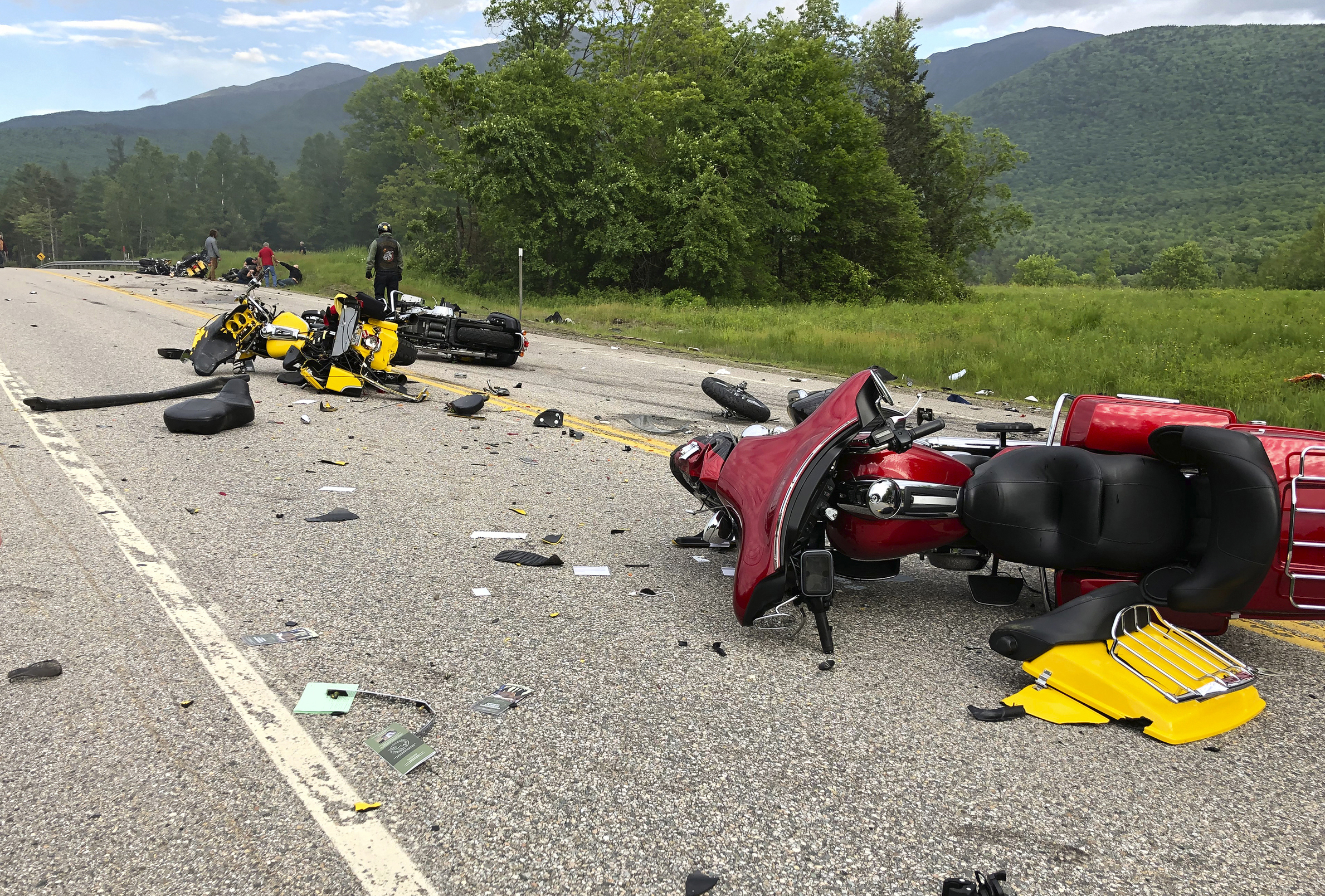 The scene where several motorcycles and a pickup truck collided on Friday in New Hampshire.