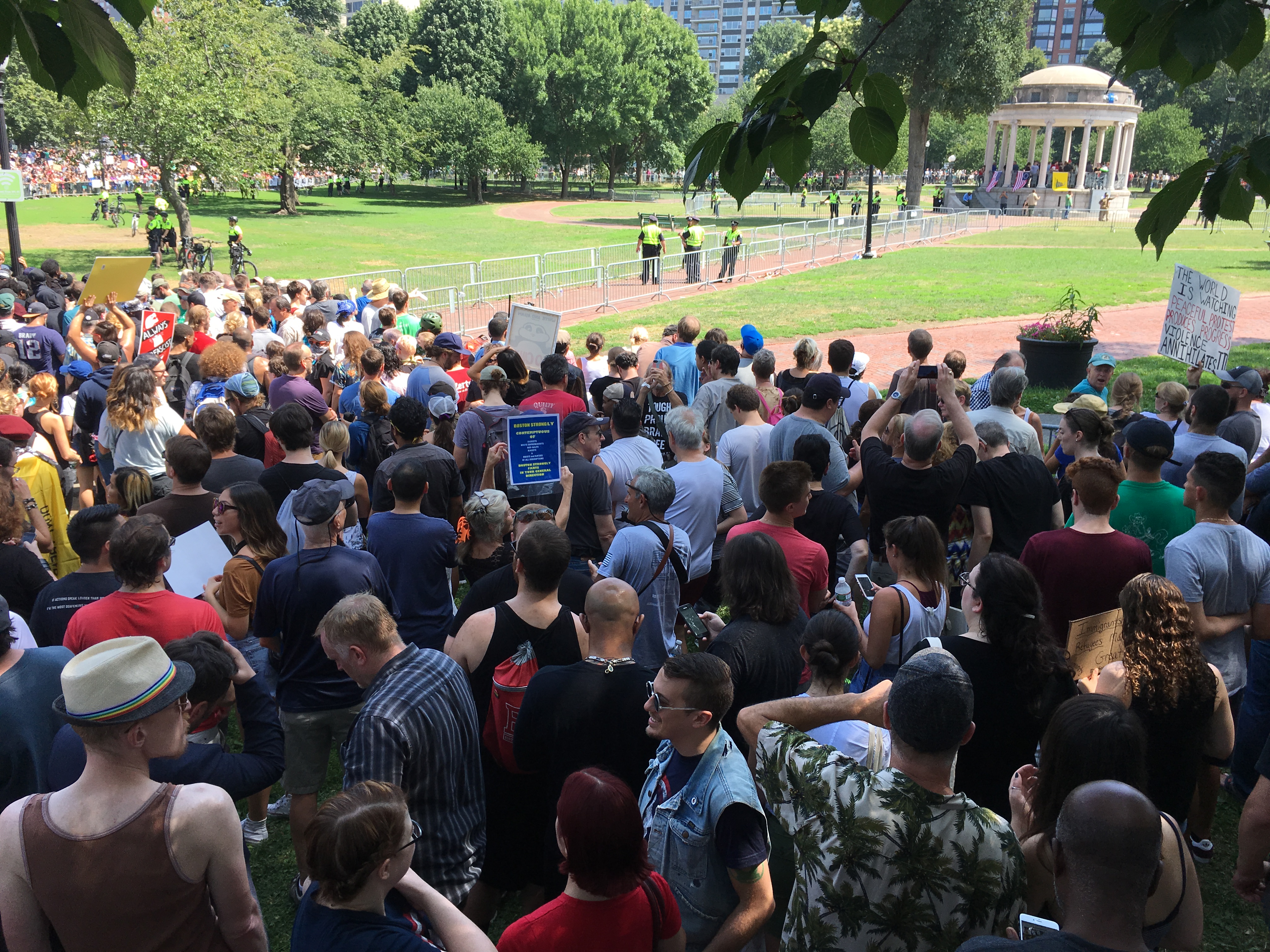 Counterprotesters looked toward the “free speech rally” at the Common’s Parkman Bandstand.