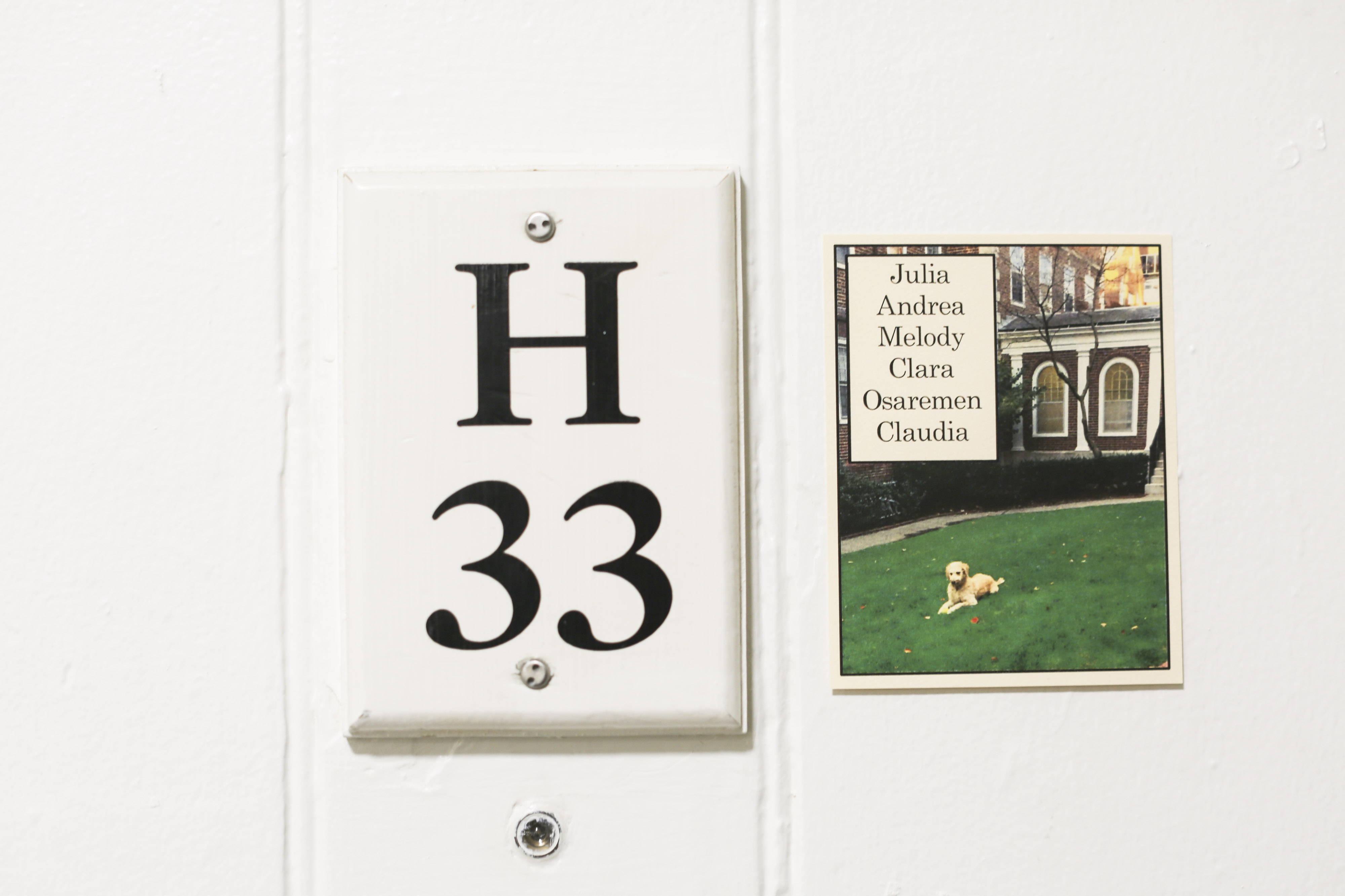 A plaque for room H-33 hung next to the names of residents in Harvard's Kirkland Hall. The room is where Facebook founder Mark Zuckerberg lived when he attended Harvard.