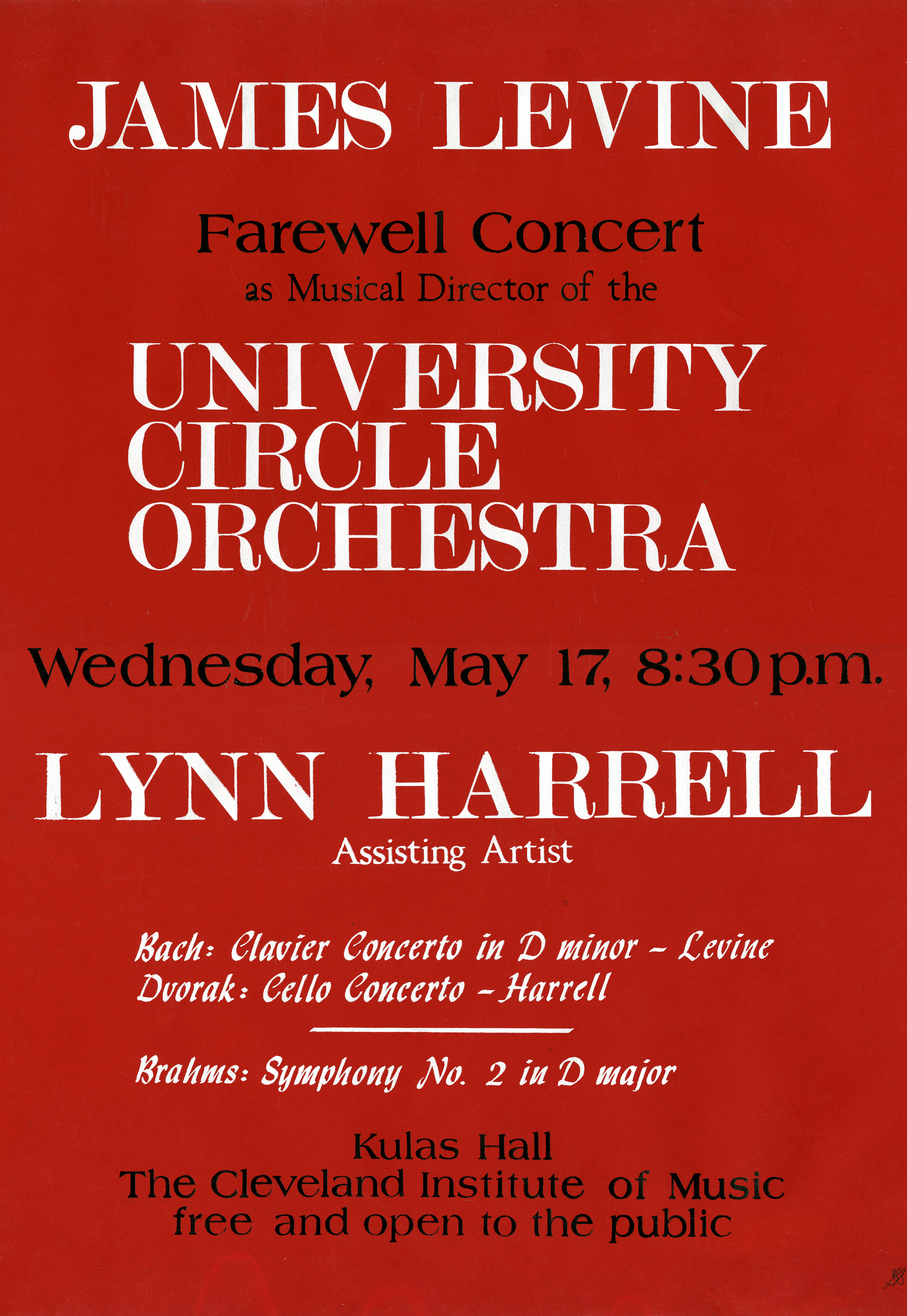 A poster from James Levine's Farewell Concert in 1972 as music director of the University Circle Orchestra.