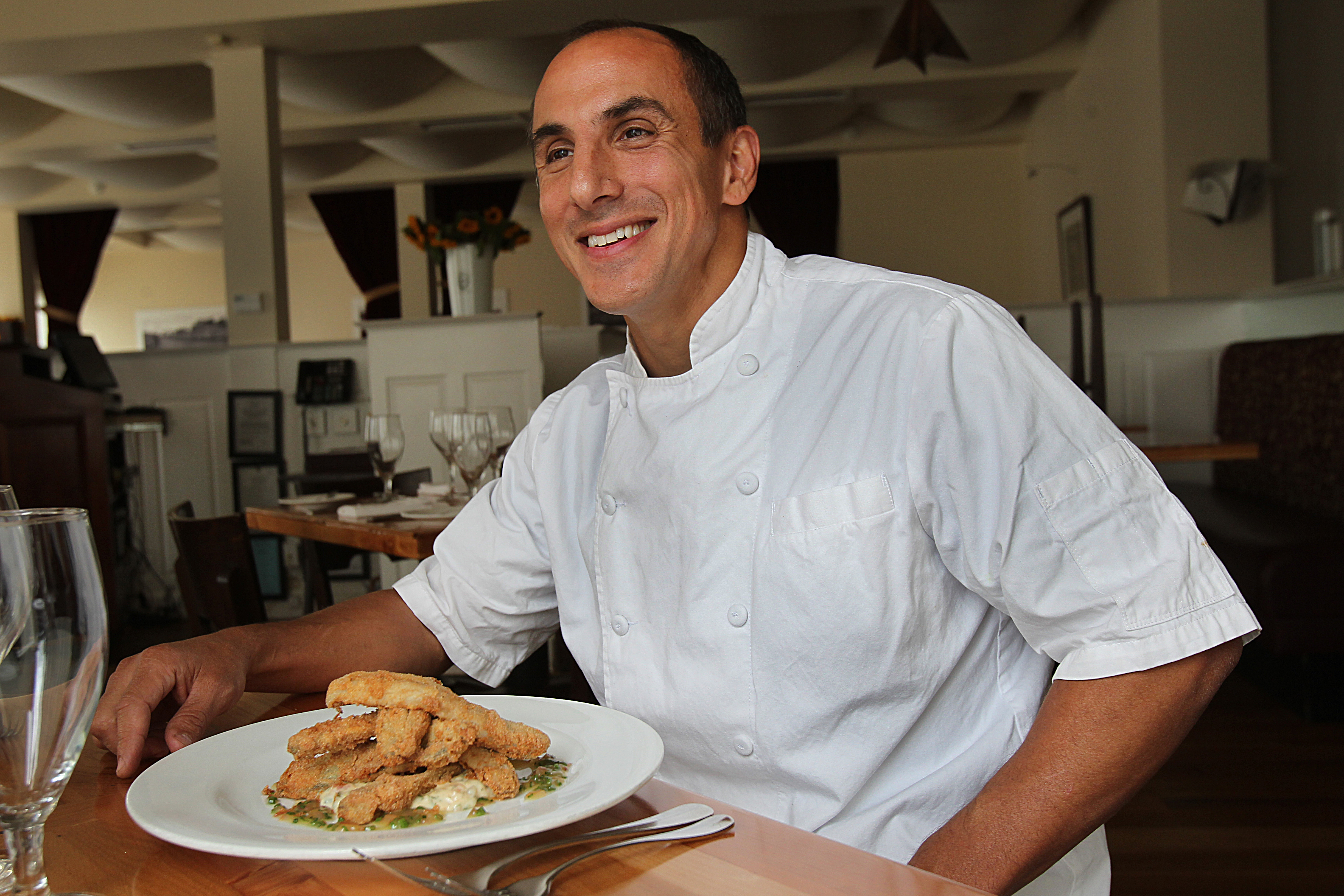 Newton, Ma., 09/27/13, Chef Michael Leviton of Lumiere is participating in this fall's "Eating with the Ecosystem", serving a dinner on Tuesday, Oct. 8th. He makes Crispy Alewives w/ Pickled Ramp Remoulade. This is part of a Lumiere Ecosystem dinner sponsored by Eating with the Ecosystem, an educational organization. Section: G Suzanne Kreiter/Globe staff