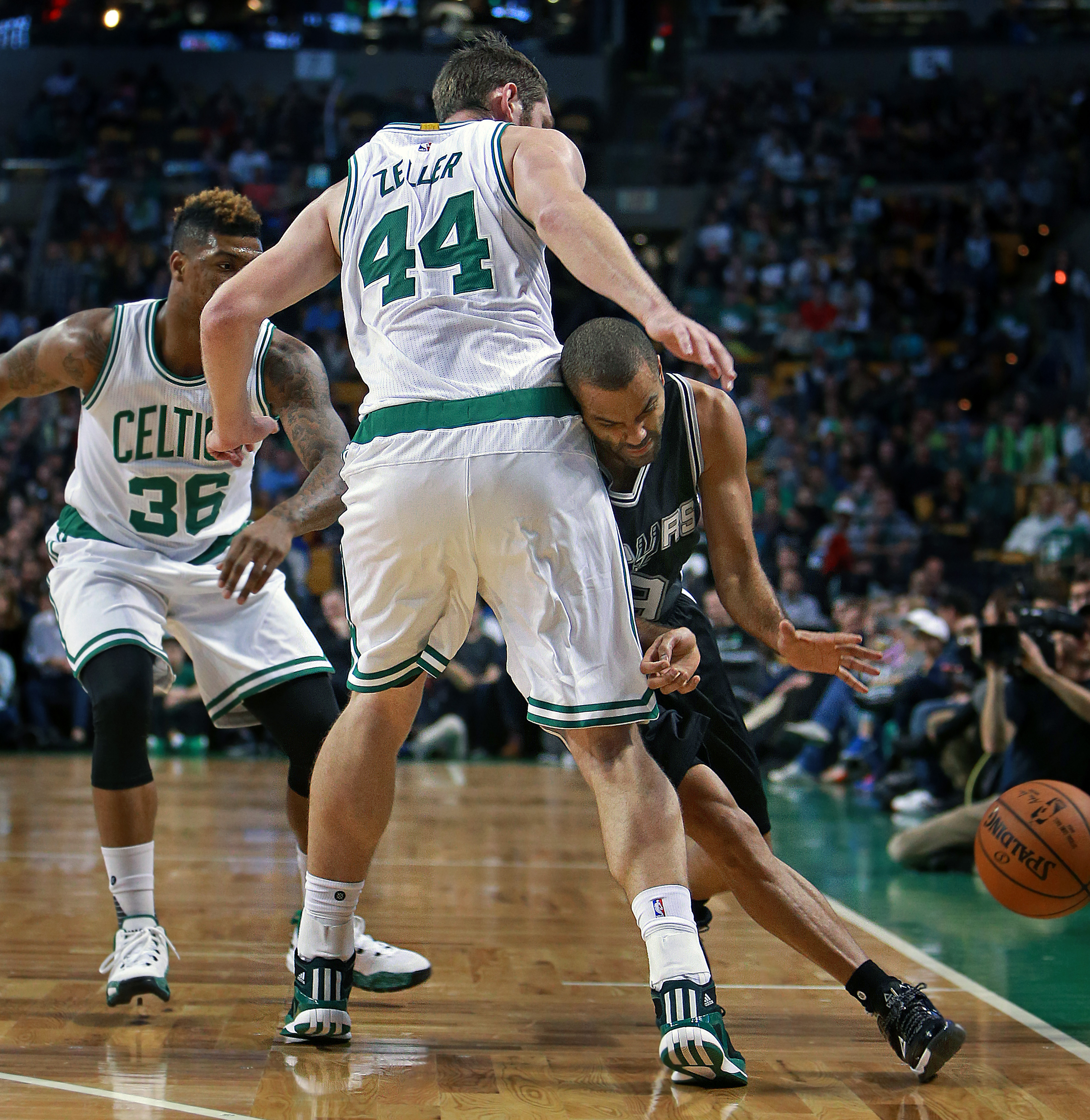 Tyler Zeller, who only played six minutes Sunday, forced Tony Parker to lose the ball in the first quarter.