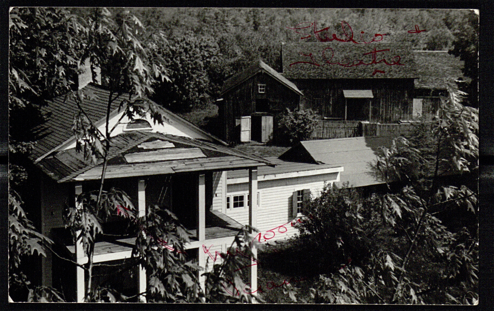 Markova wrote “my room” in red on this 1941 photo of the main house on the Jacob’s Pillow property; the rustic barn is pictured.