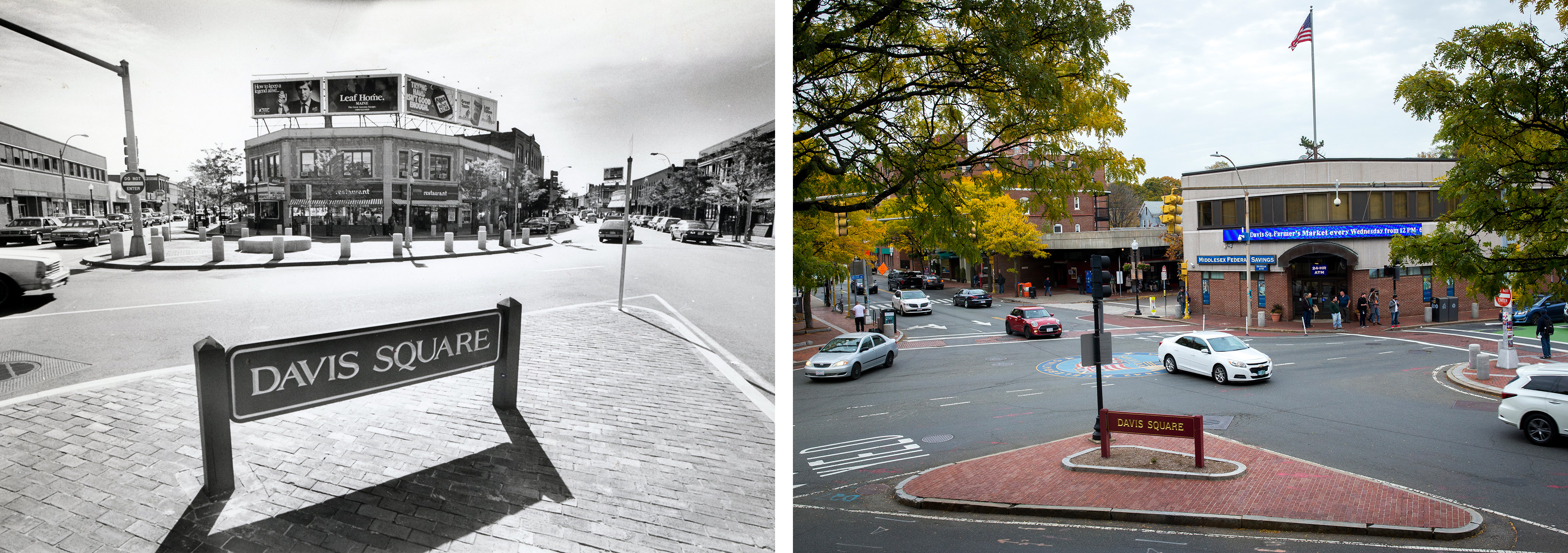 Davis Square in 1986 (left) and 2019.