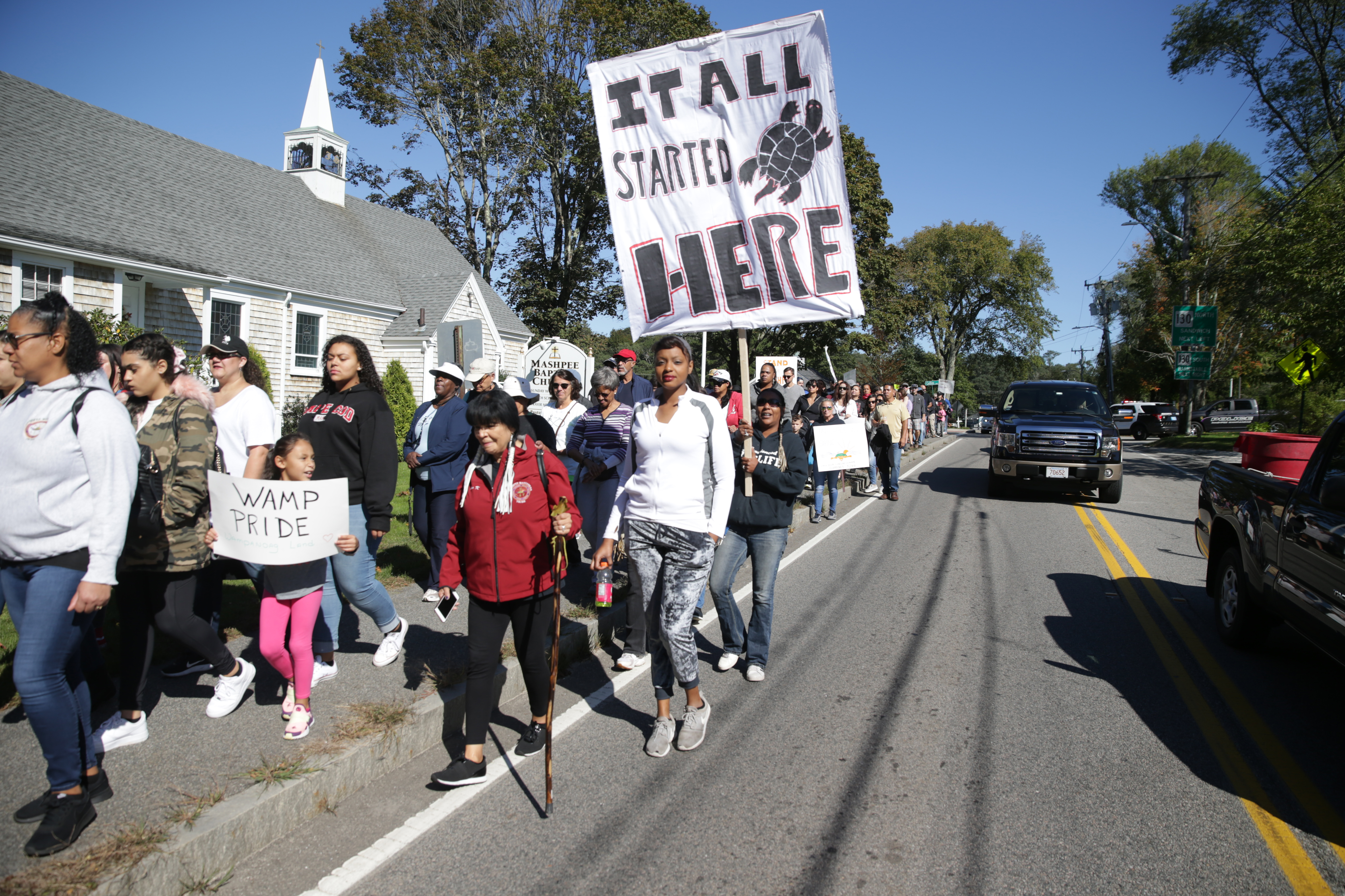 Nearly 200 protestors marched on Saturday to protest a Trump administration ruling that would rescind a 2015 federal designation holding land in trust on behalf of the tribe.