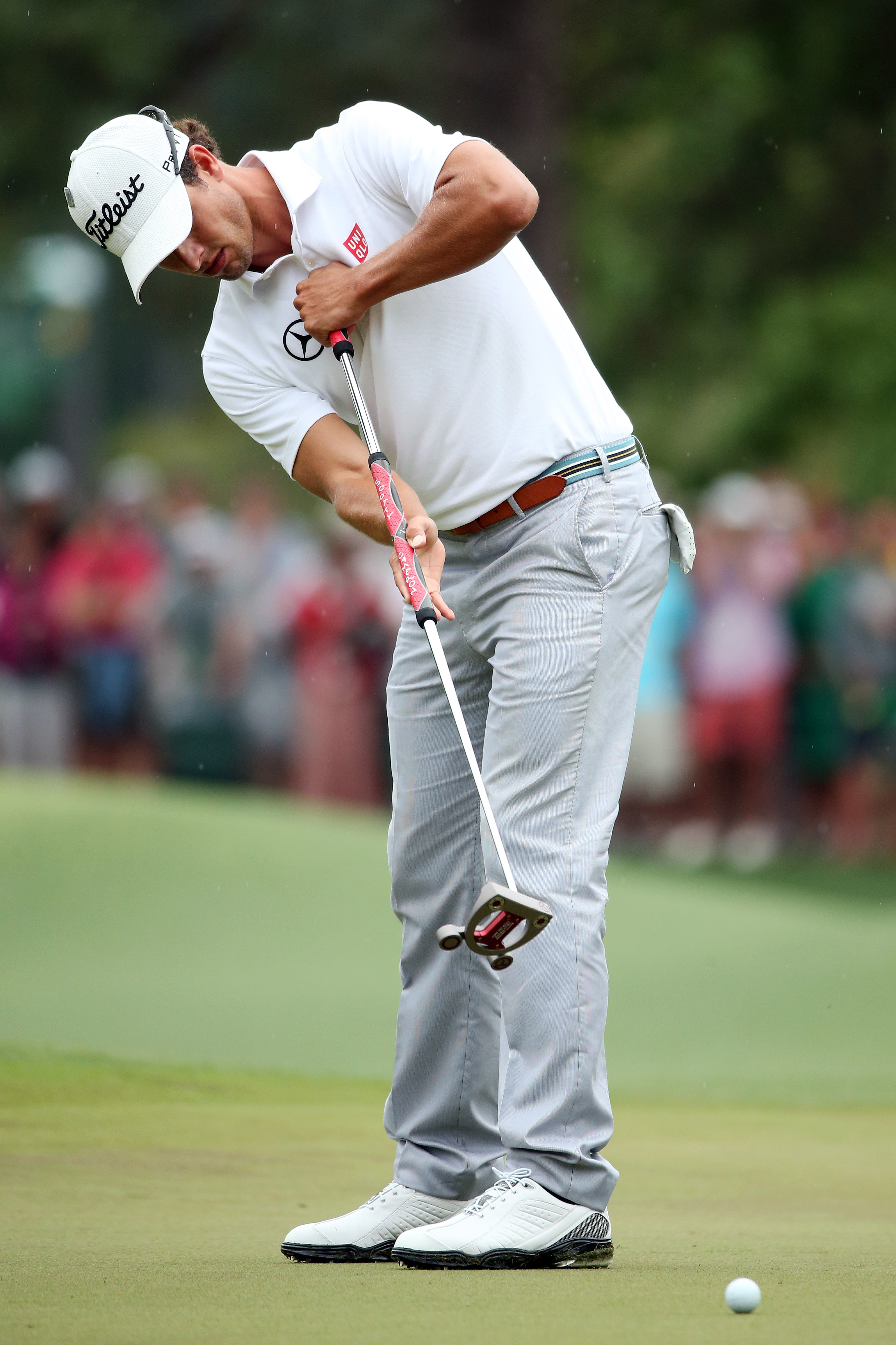 Adam Scott of Australia anchored his putt during the the 2013 Masters Tournament.