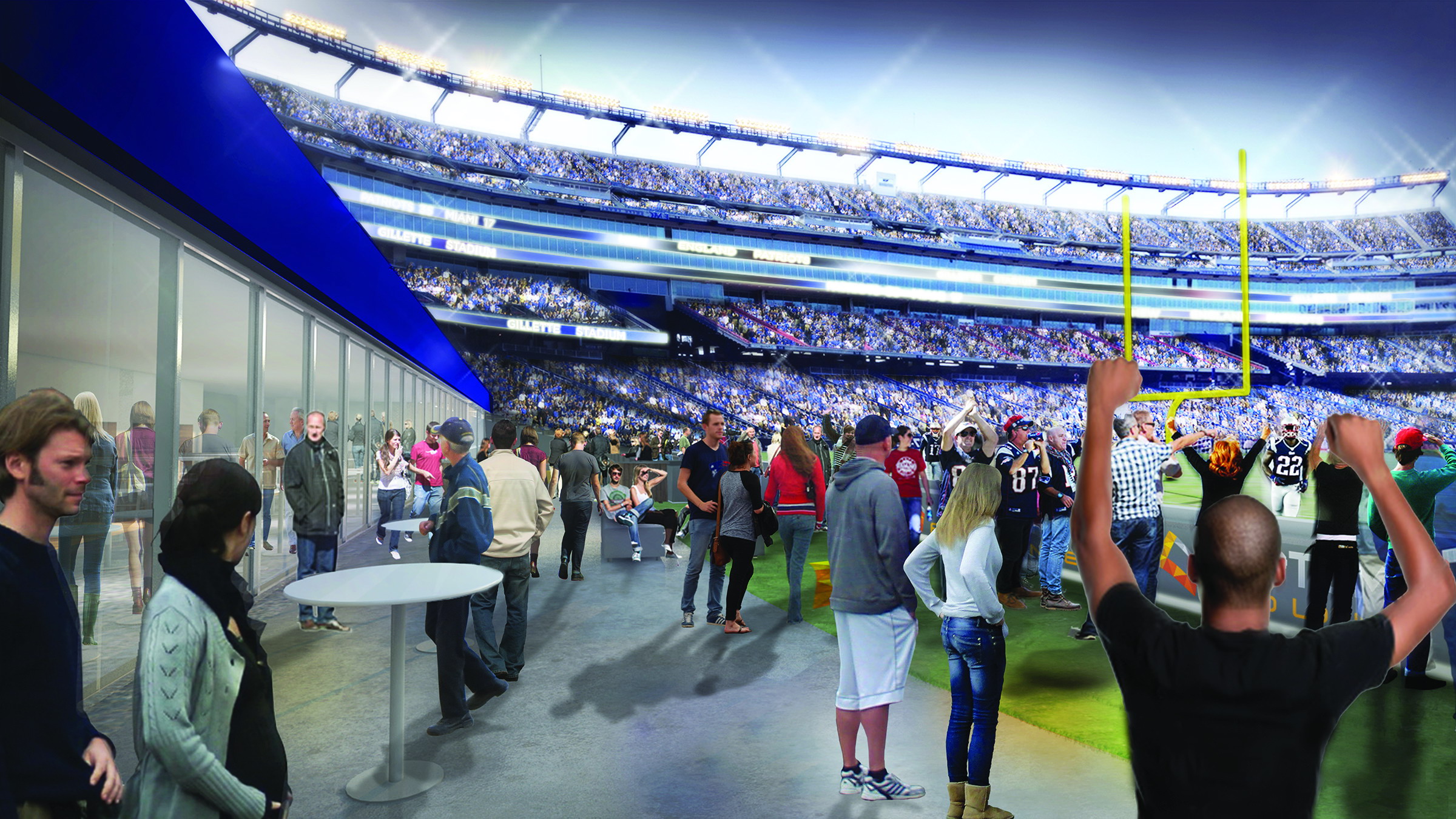 A view of the field at Gillette Stadium from the new Optum Field Lounge, to be built in the offseason.