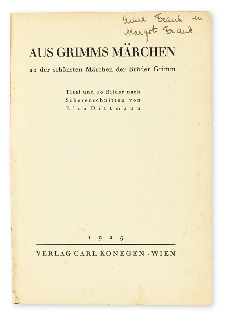 The title page of “Grimm’s Fairy Tales” signed by Anne and Margot Frank.