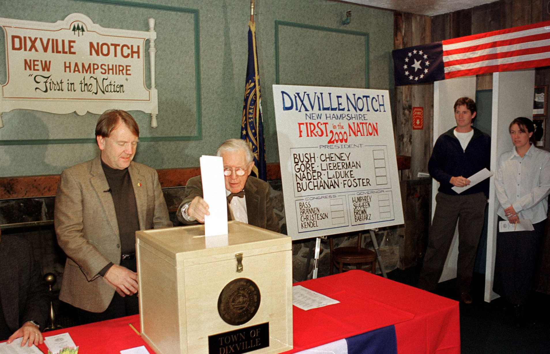 Neil Tillotson, then 101, was the first voter in the United States to cast a ballot in the 2000 presidential election. Tillotson, who owned the Balsams, hatched the idea for the midnight vote there.