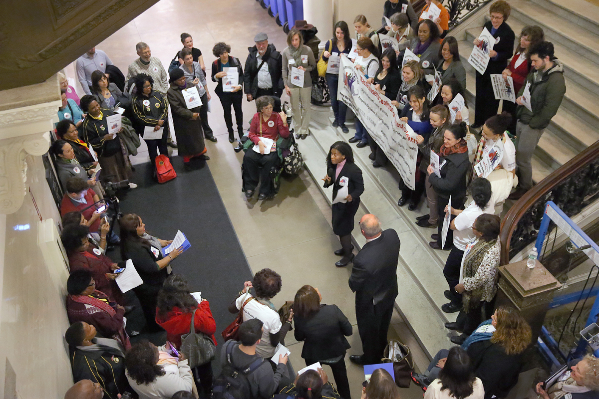 Some members of the Massachusetts Coalition for Domestic Workers held a rally in the State House in support of a Domestic Workers Bill of Rights.