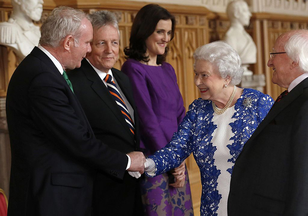 Queen Elizabeth ll greets Martin McGuinness during a Northern Ireland-themed reception at Windsor Castle on April 10, 2014.
