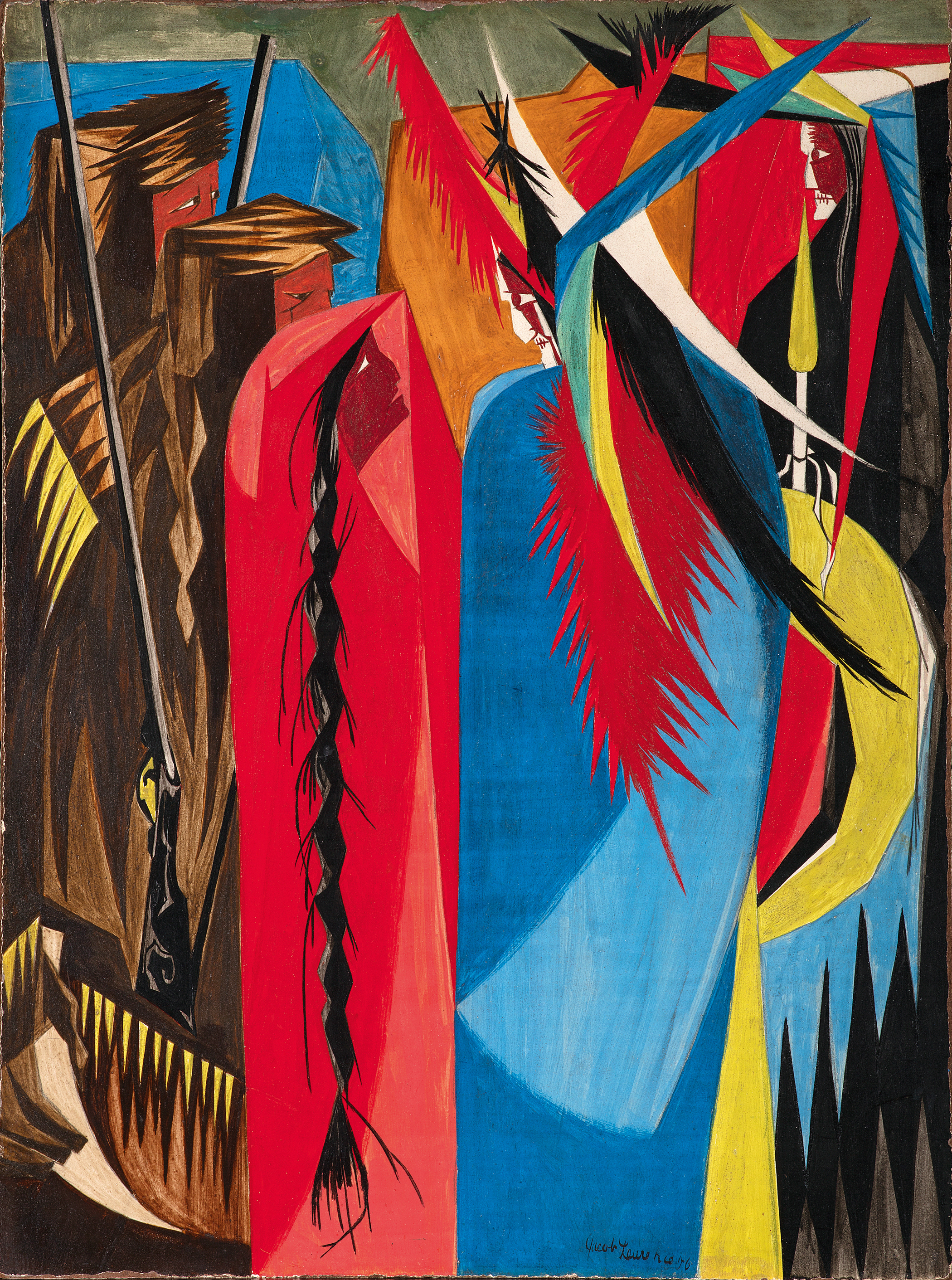 From Jacob Lawrence's "The American Struggle" series. This one, panel 18, is called "In all your intercourse with the natives, treat them in the most friendly and conciliatory manner which their own conduct will admit ... —Jefferson to Lewis & Clark, 1803."