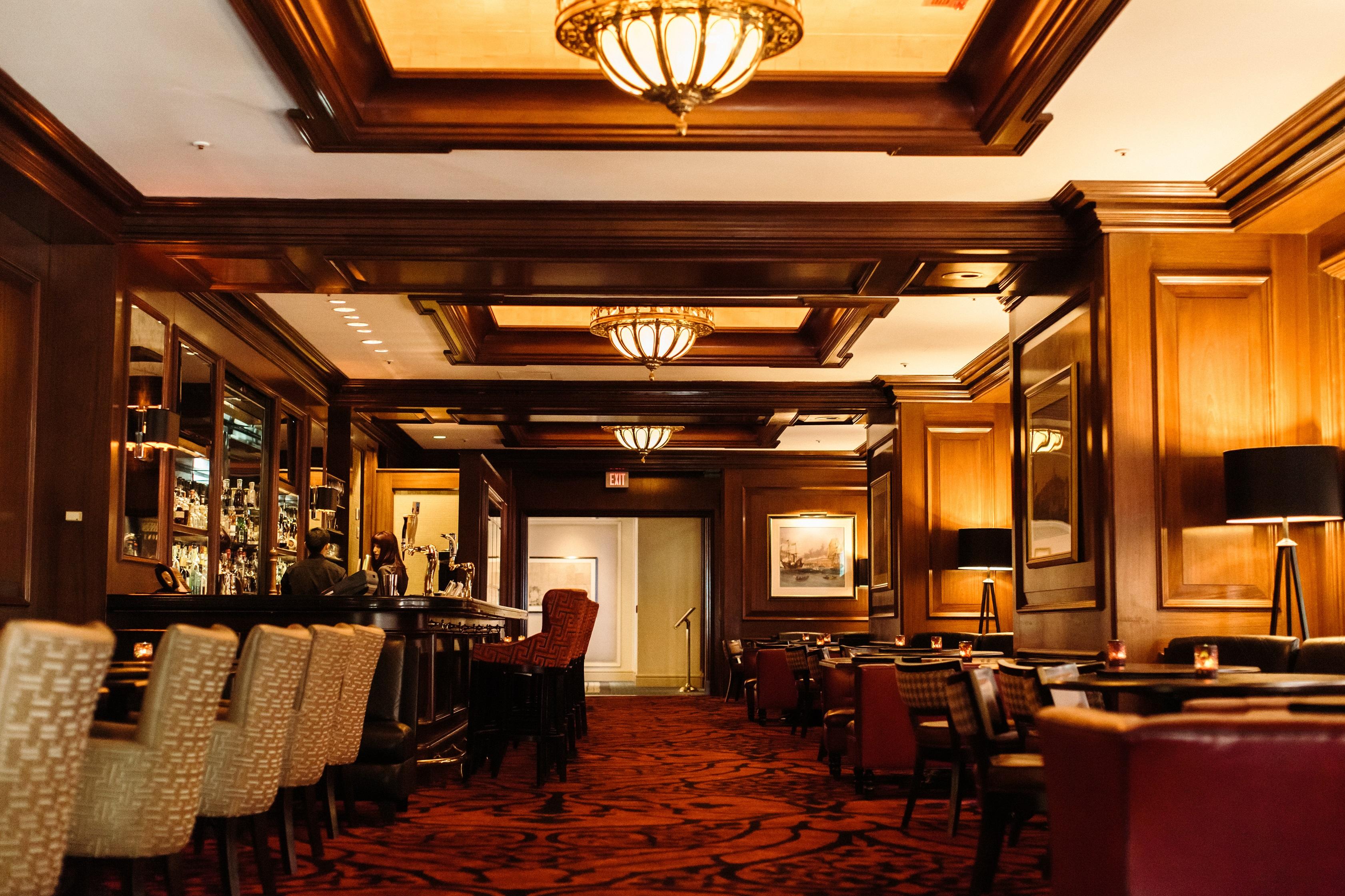 The walls of the Rowes Wharf Bar are completely clad in deep, rich mahogany.