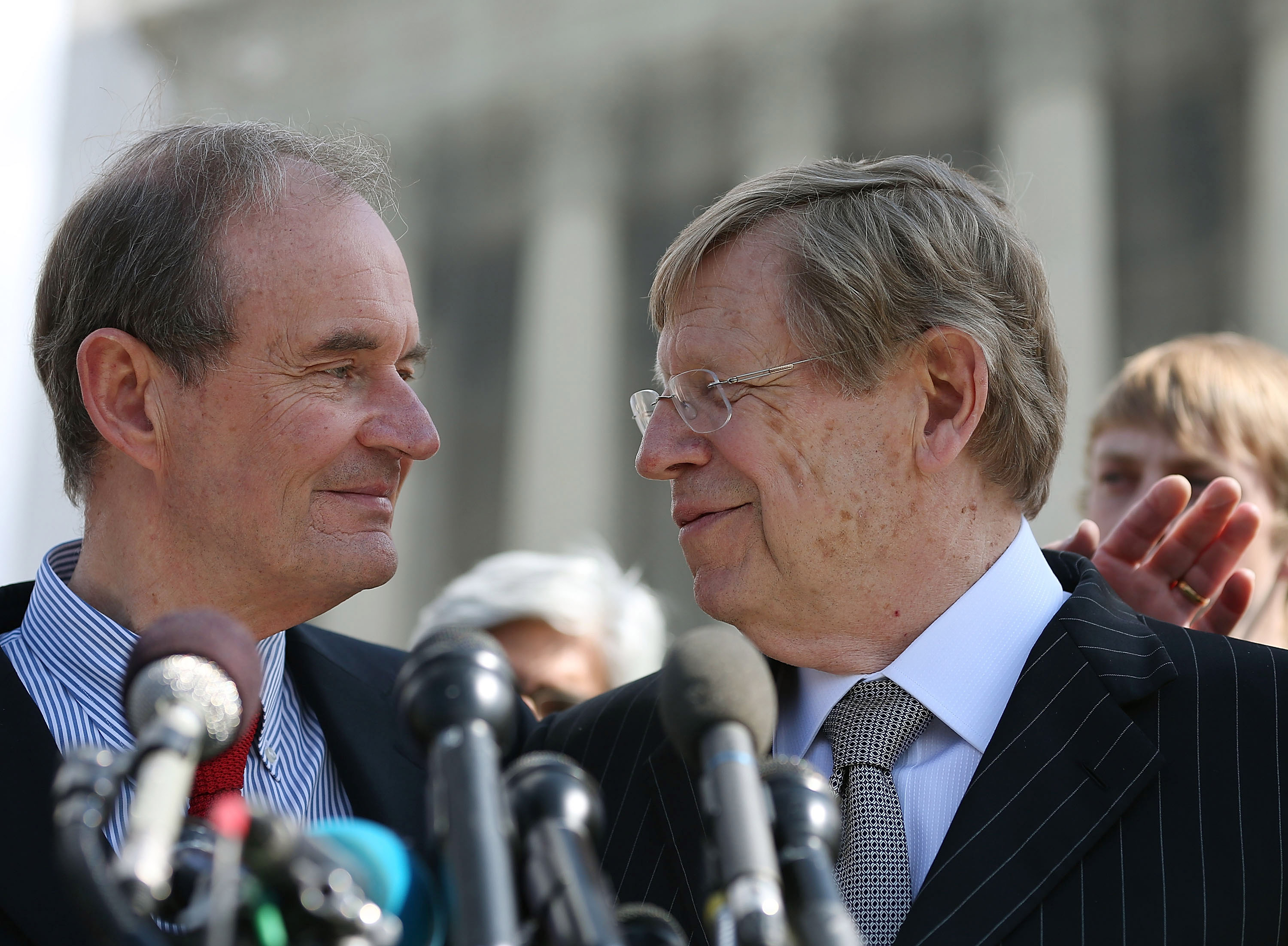 Attorneys David Boies and Ted Olson talked to the media after oral arguments at the Supreme Court in 2013 in Washington, D.C., after the high court heard arguments in California’s Proposition 8 case.
