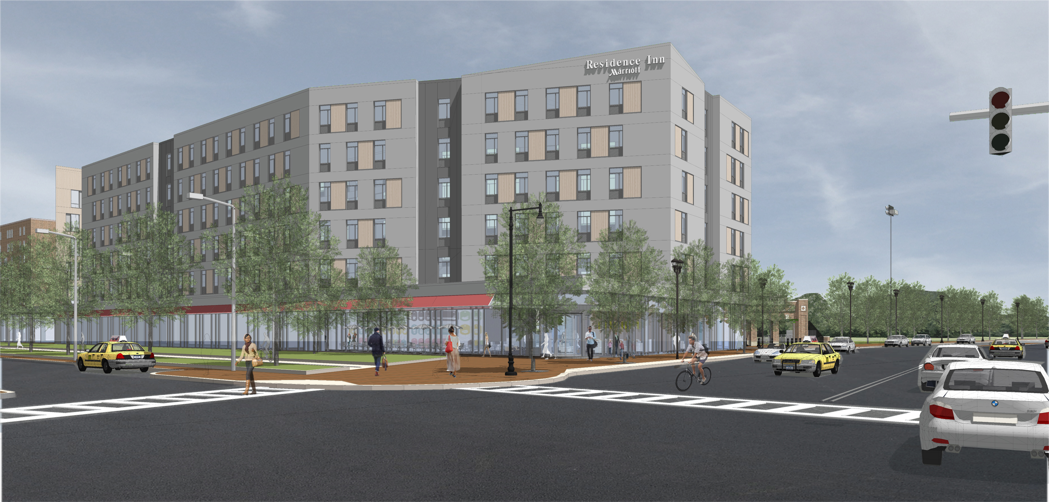 A rendering showing the planned 108-room Marriott Residence Inn that has been approved to built on a lot in Roxbury known as Parcel 9.