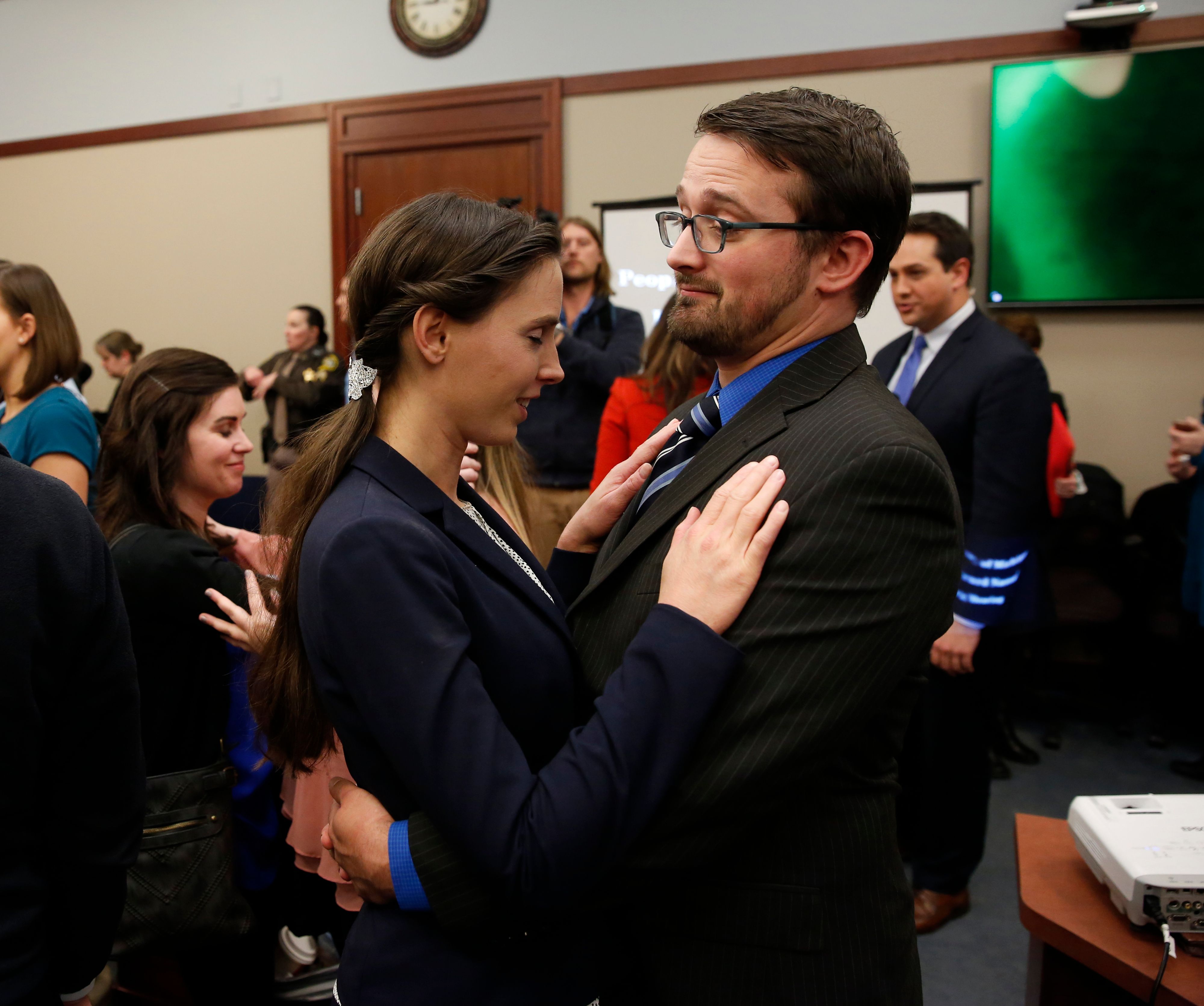 Denhollander was embraced by husband Jacob last week at Larry Nassar’s sentencing hearing.