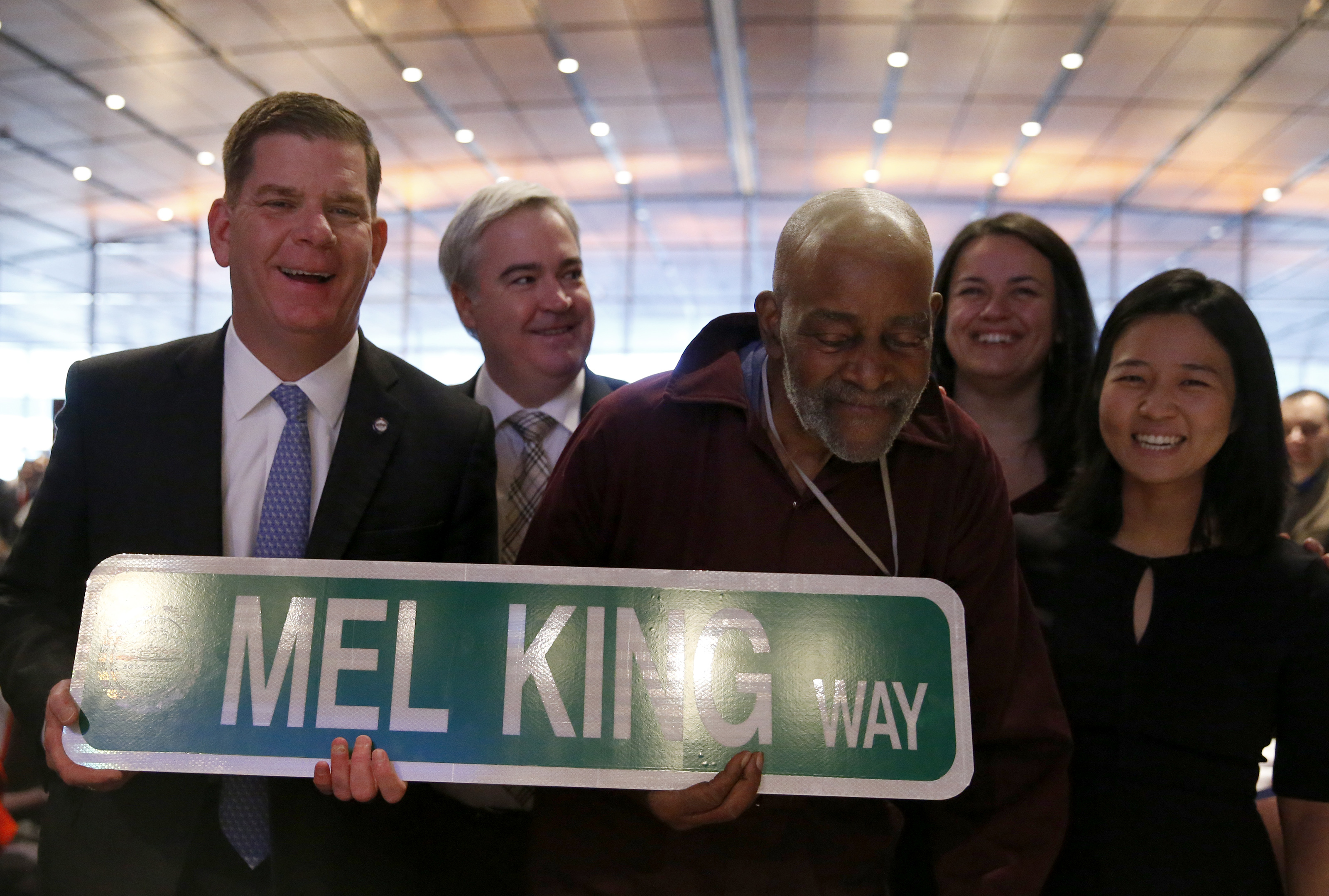 Former state representative and mayor candidate Mel King (right) was honored at the breakfast by attendees, including Mayor Martin J. Walsh.