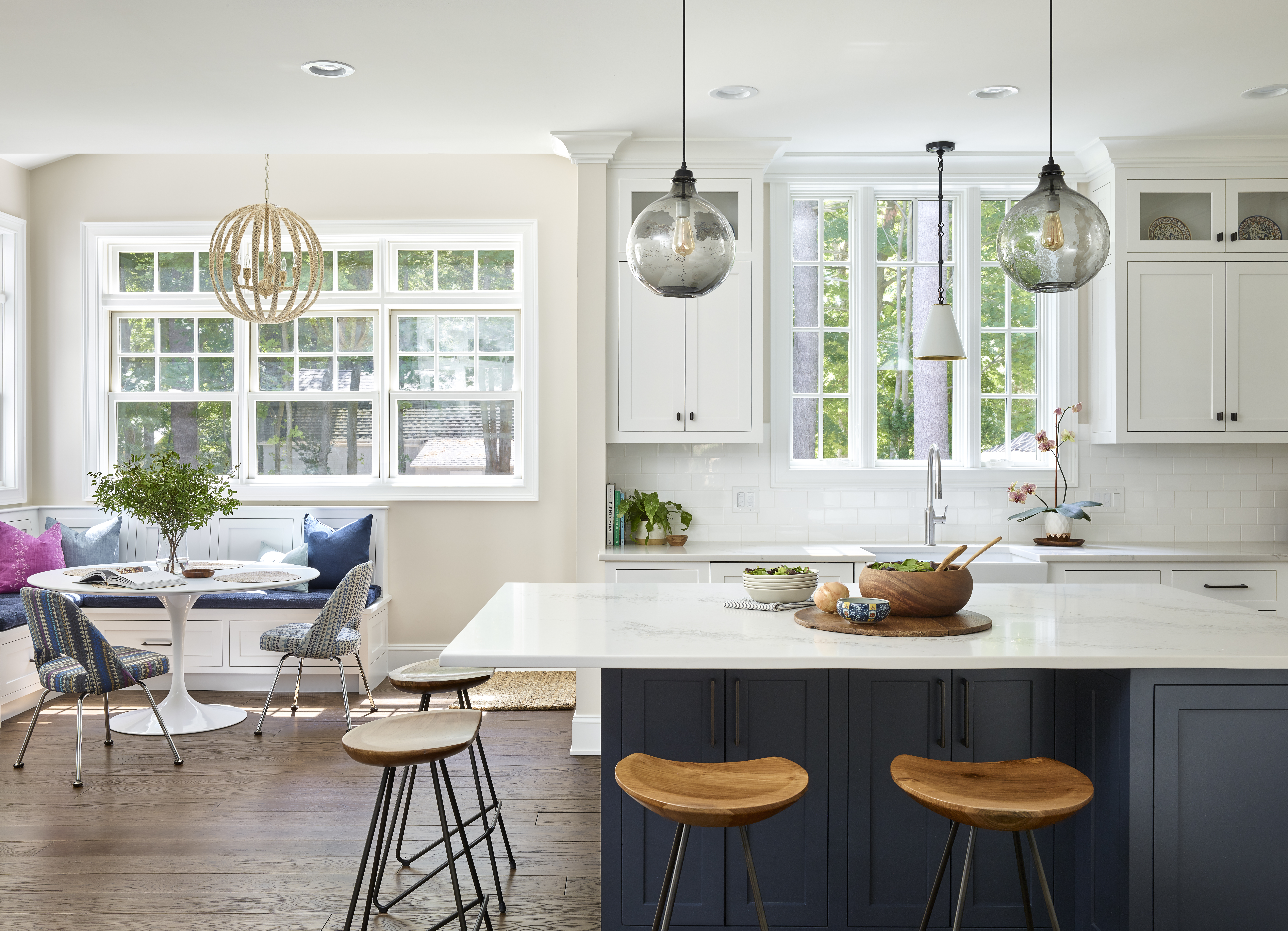 The kitchen island is painted Benjamin Moore Hale Navy.