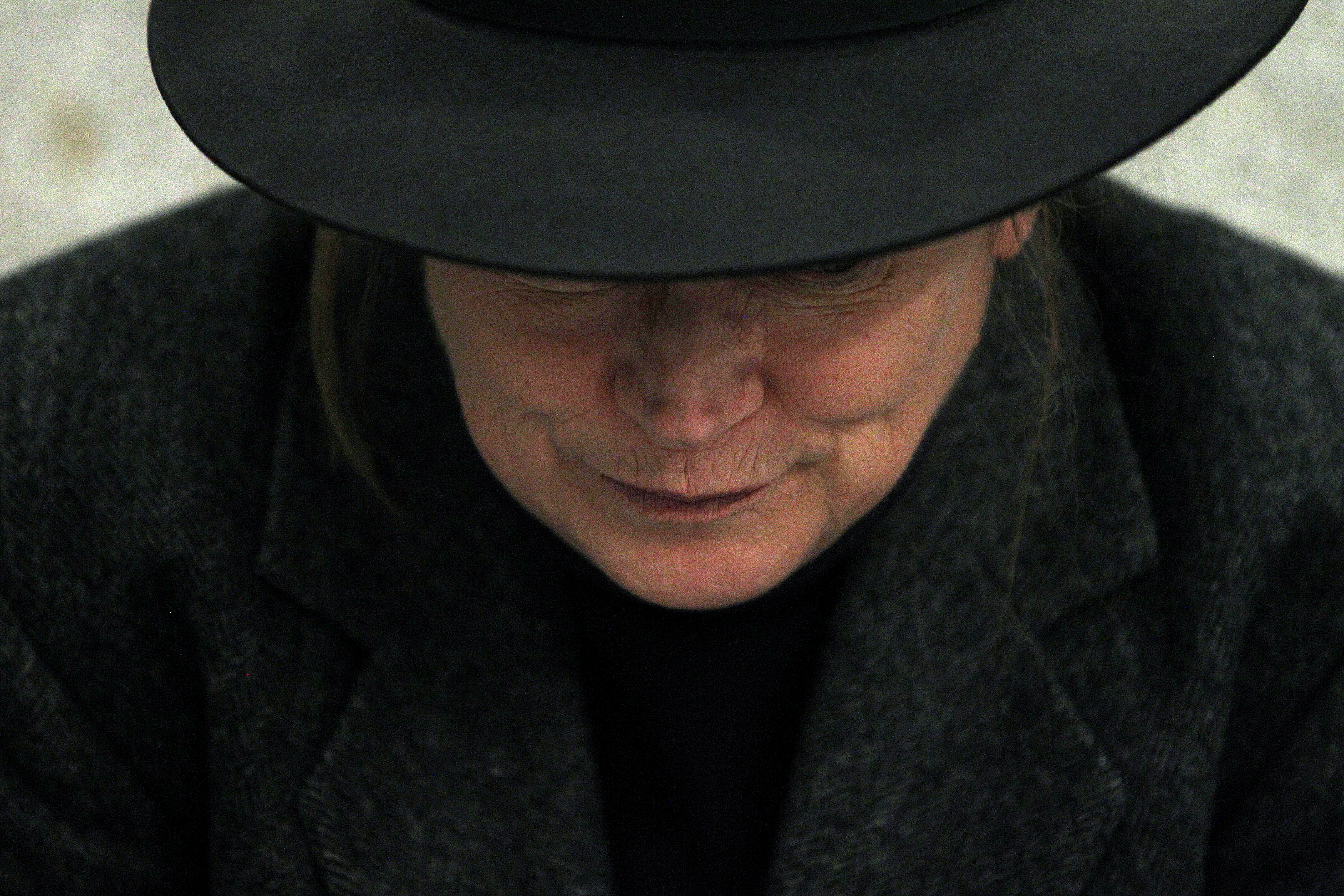 While others rehearse, Karen MacDonald, who plays "M," lurked nearby.