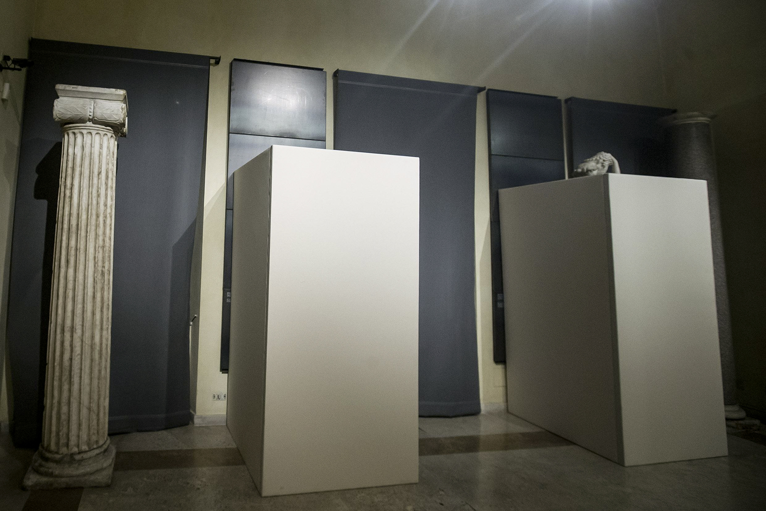 Wooden panels covered statues inside Rome’s Capitoline Museums for President Rouhani’s visit.
