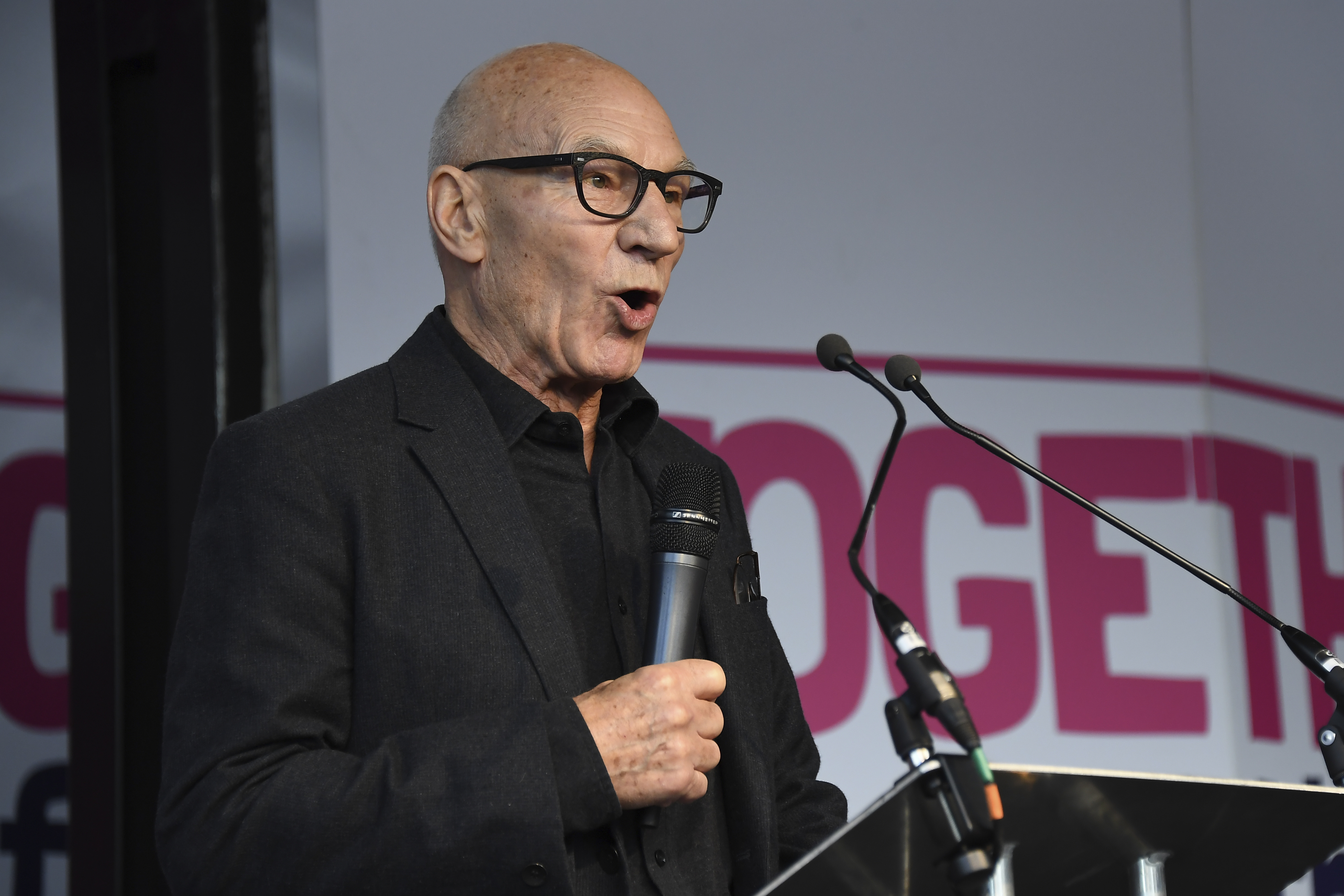 Addressing the crowds, ‘‘Star Trek’’ actor Patrick Stewart noted how many more people were there compared with a rally of about 1,000 people he addressed at a similar event in early 2018.