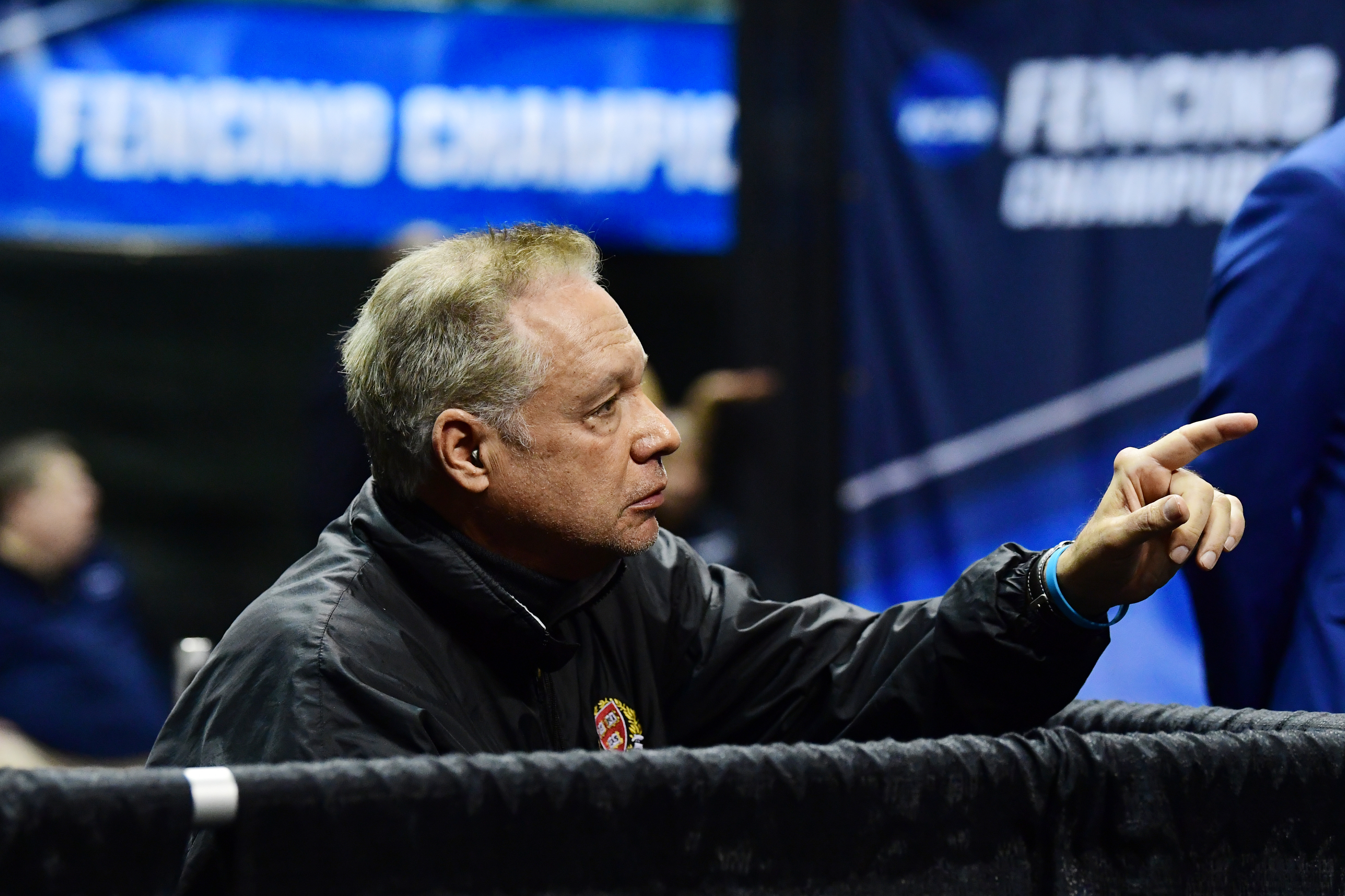 Harvard’s fencing coach, Peter Brand, during the Division I Women's Fencing Championship on March 24 in Cleveland.